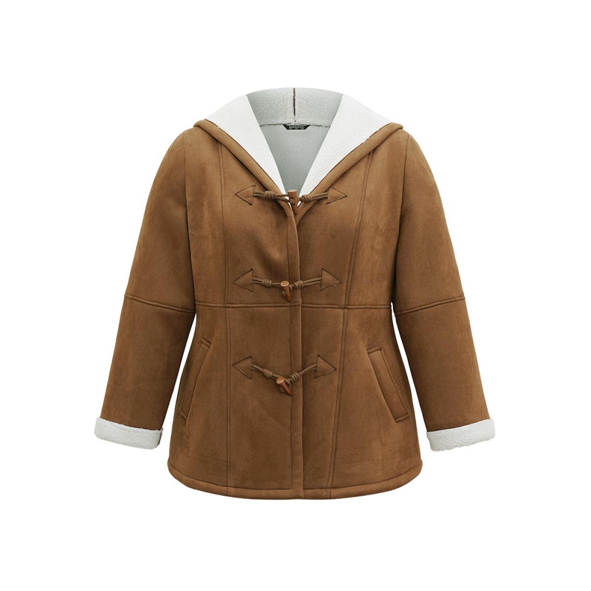Plus Size Contrast Duffle Button Fluffy Hooded Coat Women DarkBrown Casual Lined Ladies Dailywear Winter Coats BloomChic 12/L Product Image