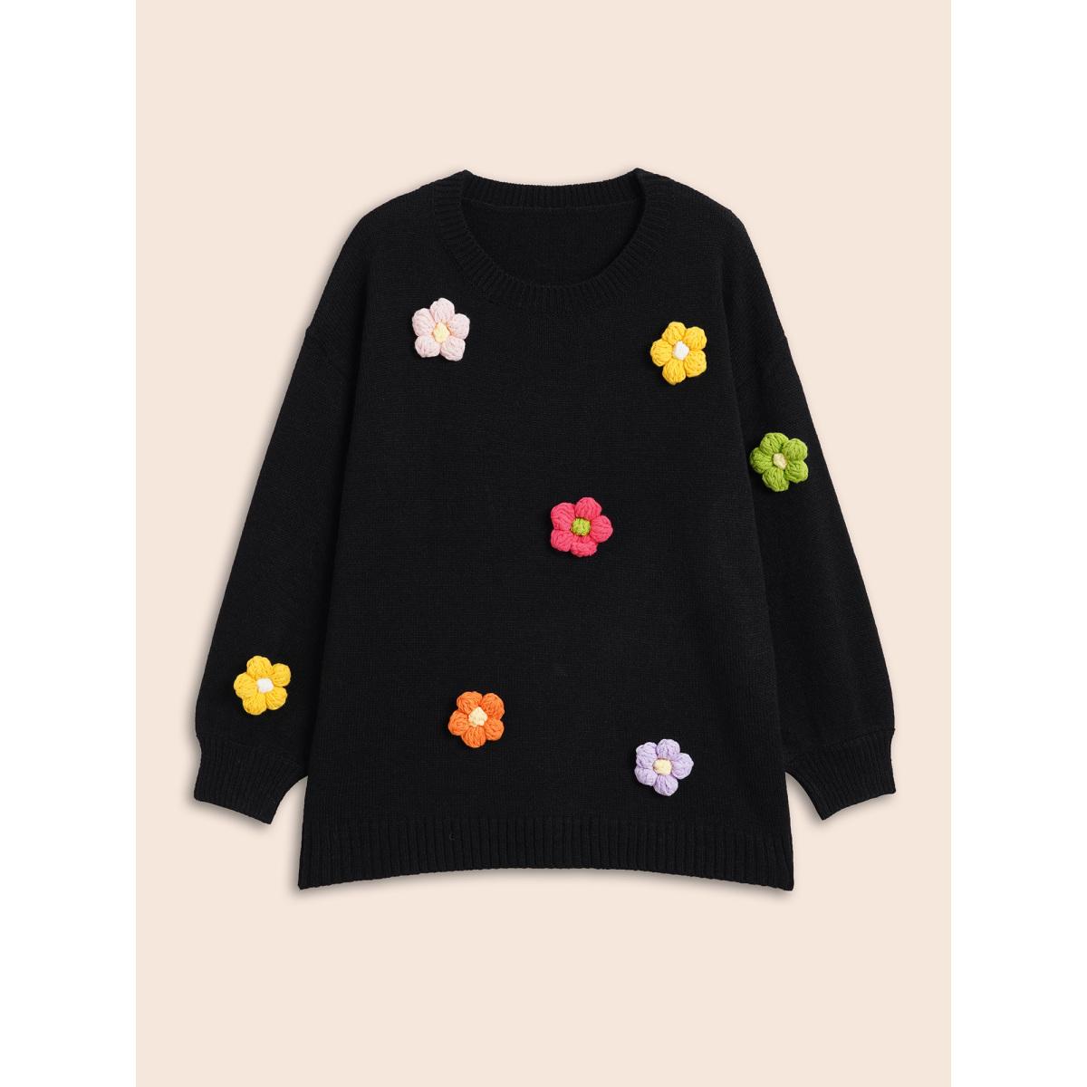 Plus Size Crochet Floral Drop Shoulder Sleeve Pullover Black Women Casual Long Sleeve Round Neck Everyday Pullovers BloomChic 18-20/2X Product Image
