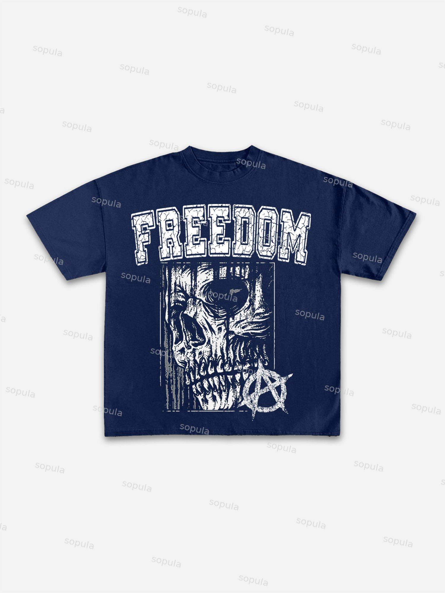 Freedom Skull Print Cotton T-shirt Product Image