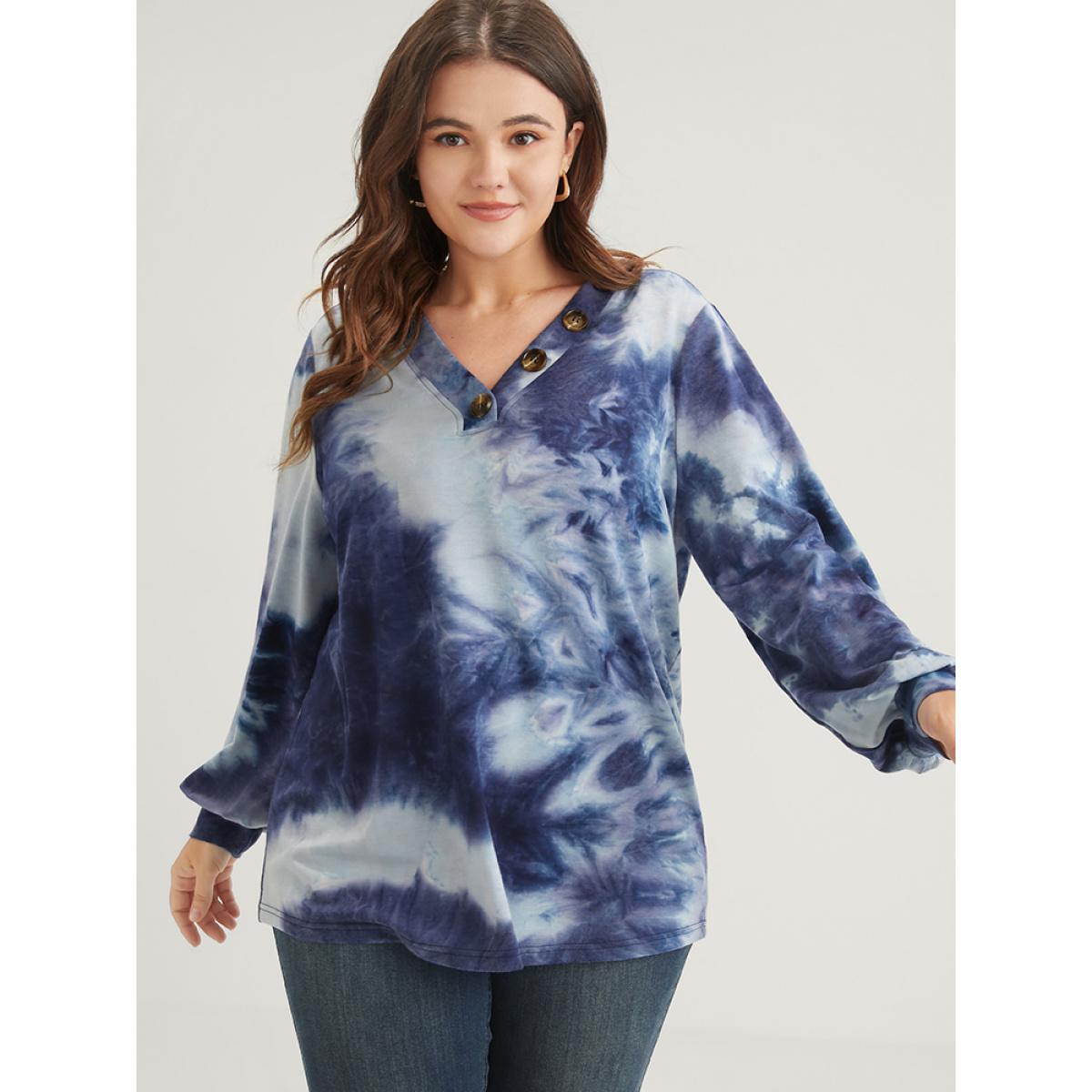 Plus Size Tie Dye Fake Button V Neck Sweatshirt Women Blue Casual Tie Dye Loose V-neck Dailywear Sweatshirts BloomChic 26/4X Product Image