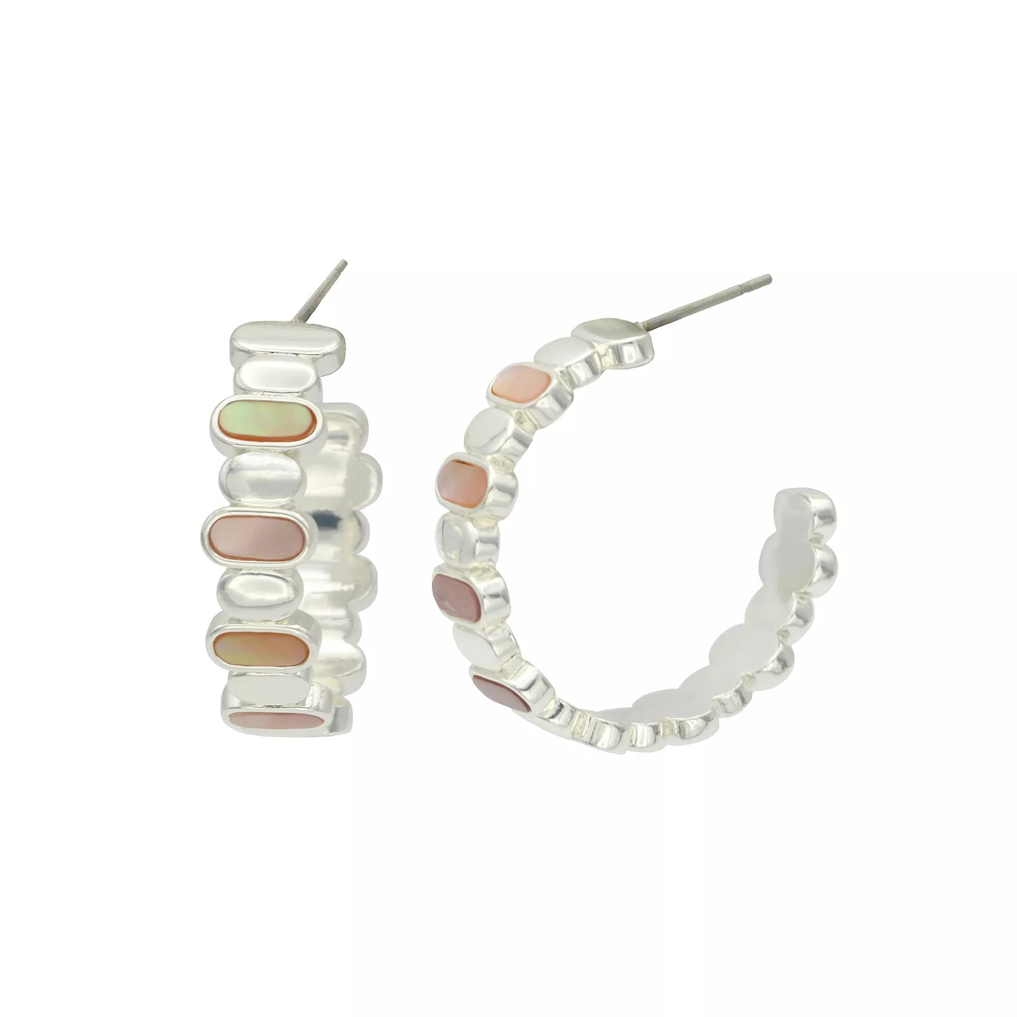City Luxe Silver Tone Mother of Pearl Hoop Earrings, Womens, Silver Tone Pink Product Image