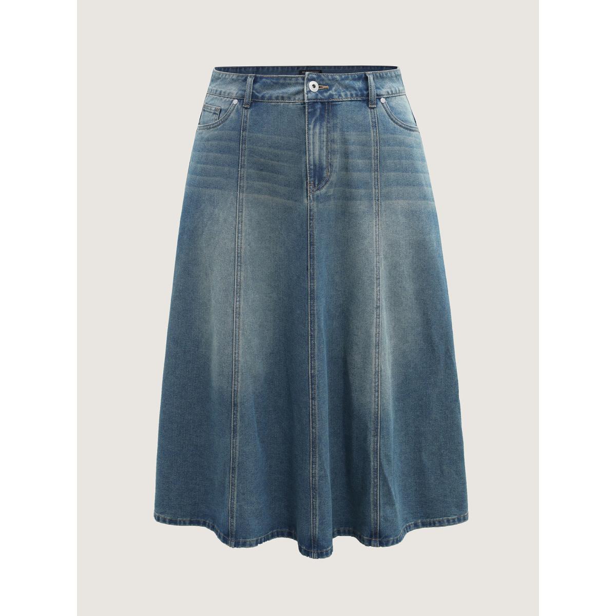 Plus Size Vintage Wash A-Line Denim Maxi Skirt Women Denimblue Casual No stretch Medium Wash 12/L Slanted pocket Leisure Denim Skirts BloomChic Product Image