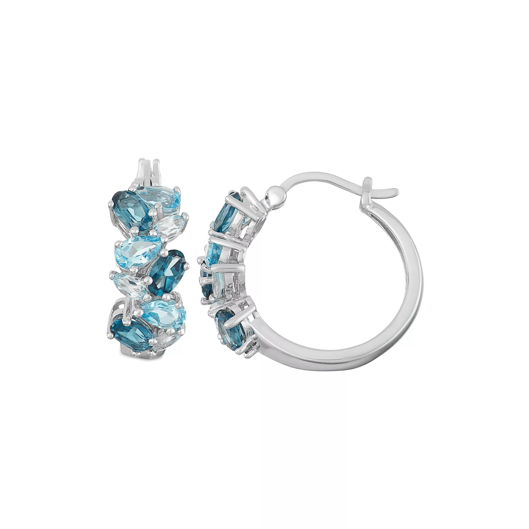 Sterling Silver London, Swiss & Sky Blue Topaz Cluster Hoop Earrings, Women's Product Image