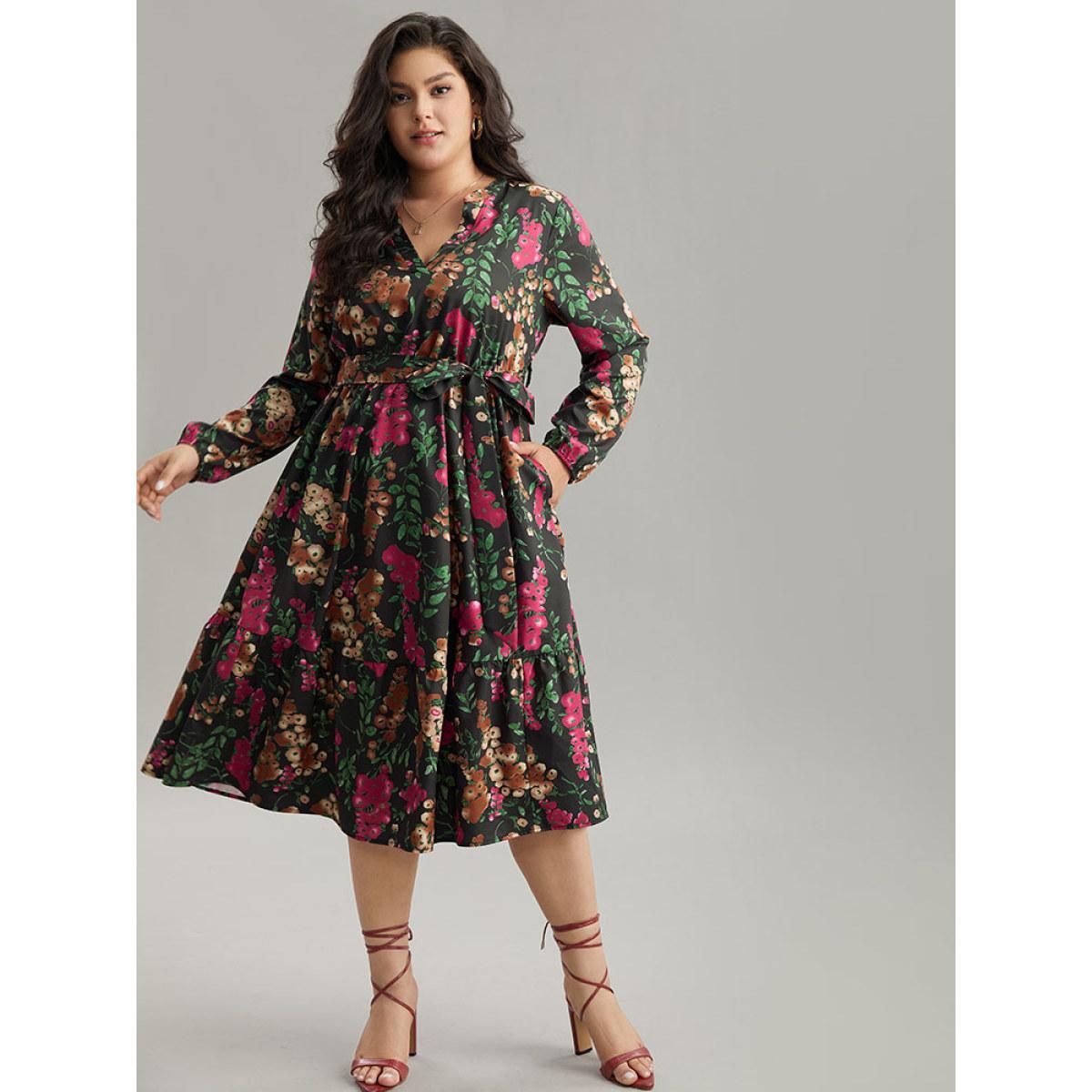 Plus Size Floral Print Belted Elastic Cuffs Dress Black Women Elegant Elastic cuffs Notched collar Long Sleeve Curvy Midi Dress BloomChic 12/L Product Image