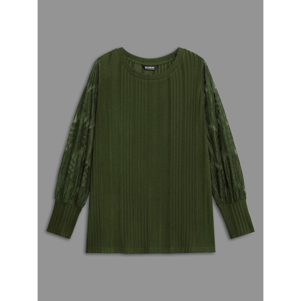 Plus Size Texture Lace Patchwork Mesh T-shirt DarkGreen Women Elegant Texture Round Neck Everyday T-shirts BloomChic 12/L Product Image