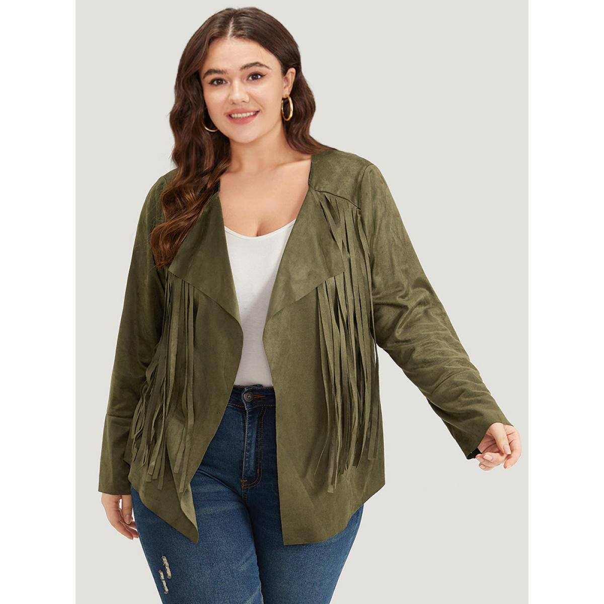 Plus Size Plain Tassel Trim Open Front Jacket Women ArmyGreen Tassels Vacation Jackets BloomChic 10/M Product Image