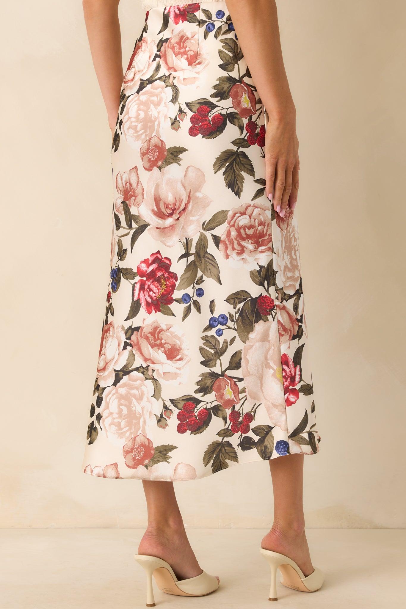 Feeling Pretty Sure Ivory Multi Floral Print Satin Midi Skirt Product Image