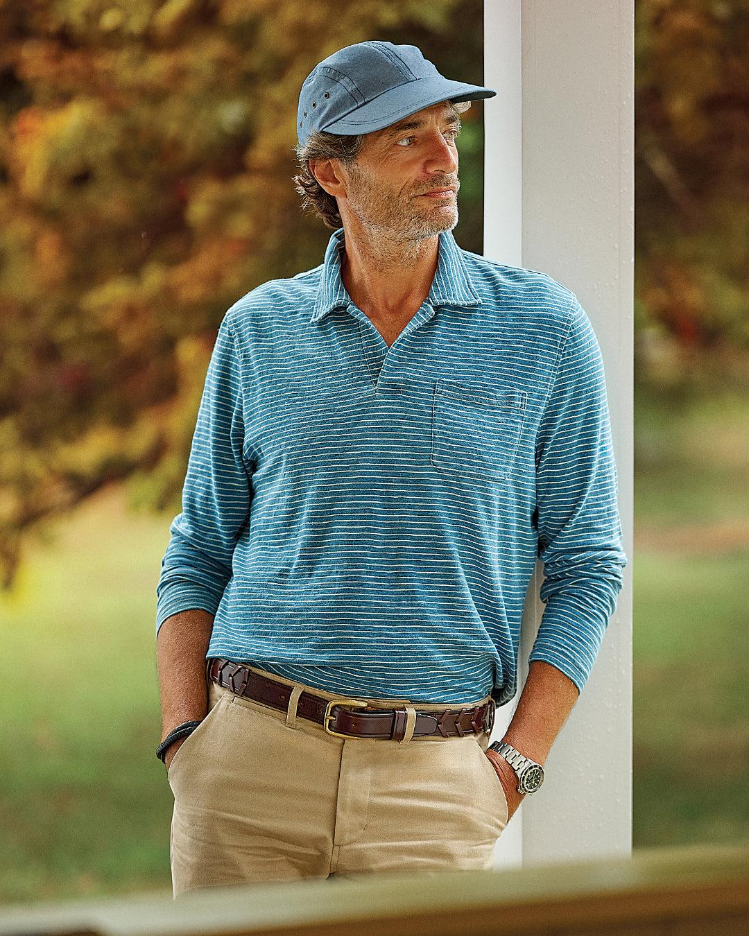 Long Sleeve Indigo Polo in Blue/White Slub Stripe Product Image
