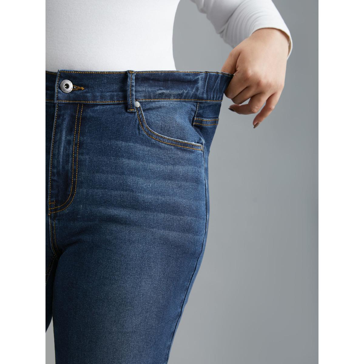 Plus Size Dark Wash Elastic Waist Flared Mid Rise Jeans Women Denimindigo Casual Button Medium stretch Slanted pocket Jeans BloomChic 20/2X Product Image