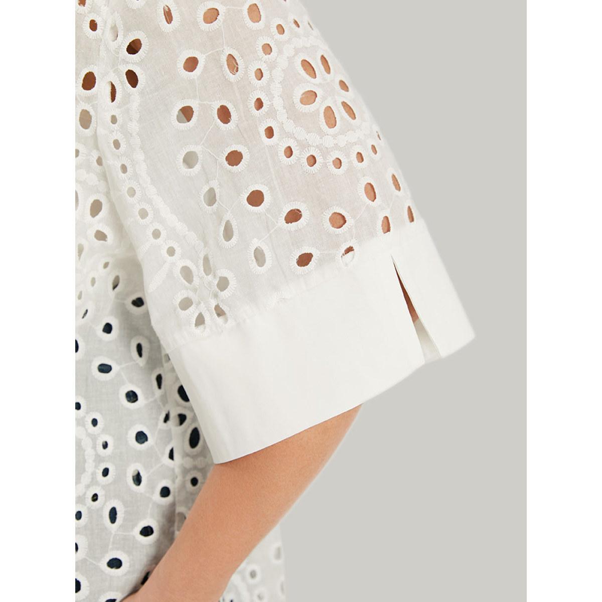 Plus Size Plain Shirt Collar Broderie Anglaise Open Front Kimono Women White Casual Patchwork Dailywear Kimonos BloomChic 14-16/1X Product Image