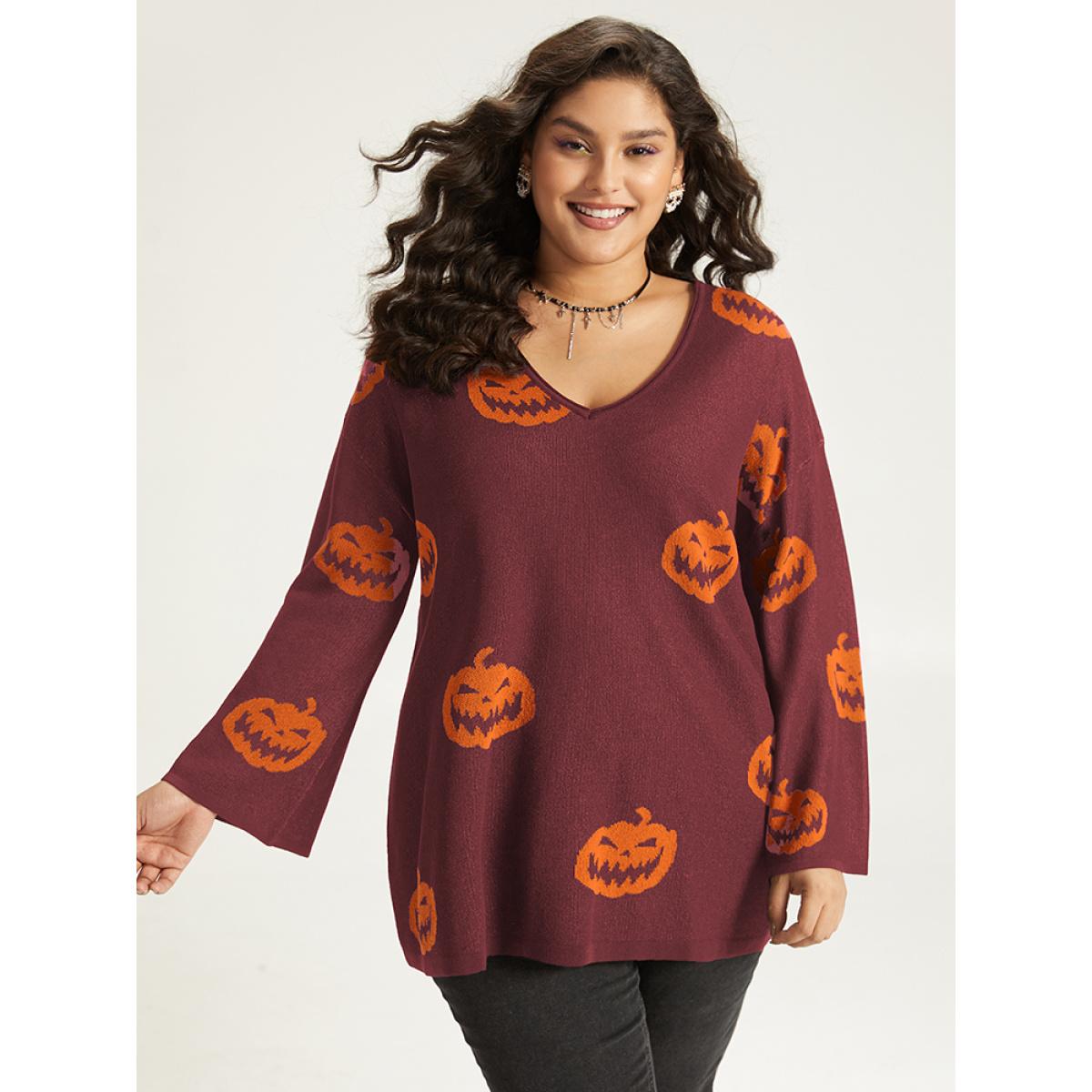 Plus Size Halloween V Neck Bell Sleeve Pullover Burgundy Women Playful Loose Long Sleeve V-neck Casual Pullovers BloomChic 10/M Product Image