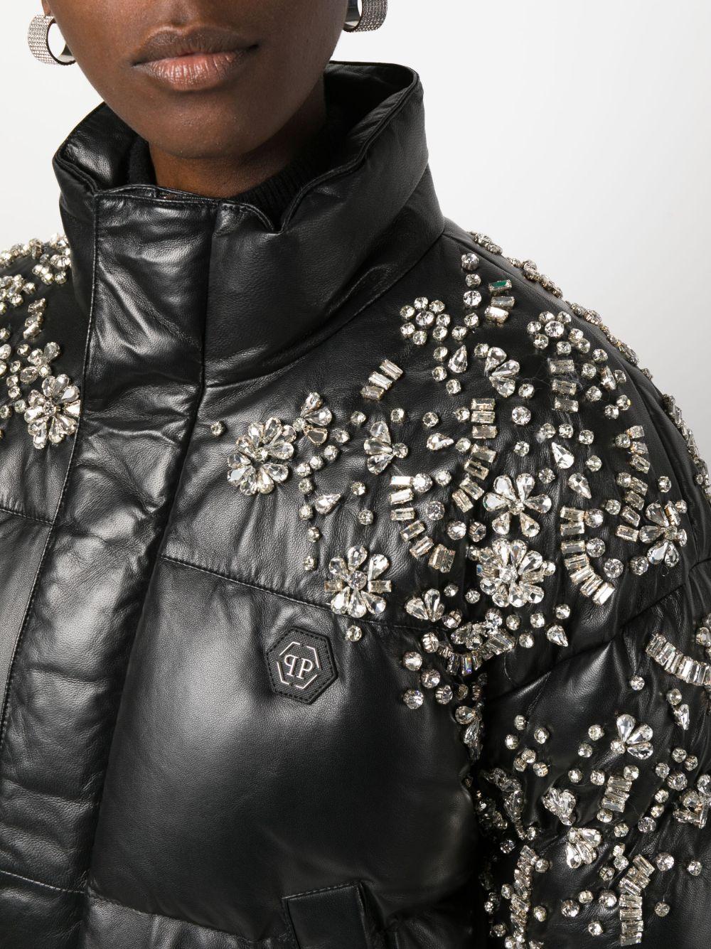 crystal-embellished leather puffer jacket Product Image