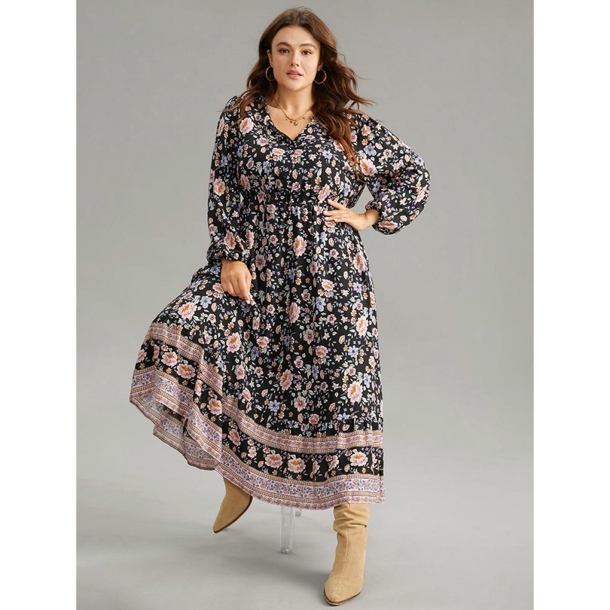 Plus Size Boho Print Lantern Sleeve Elastic Waist Dress Black Women Vacation Elastic cuffs V-neck Long Sleeve Curvy Midi Dress BloomChic 28/5X Product Image