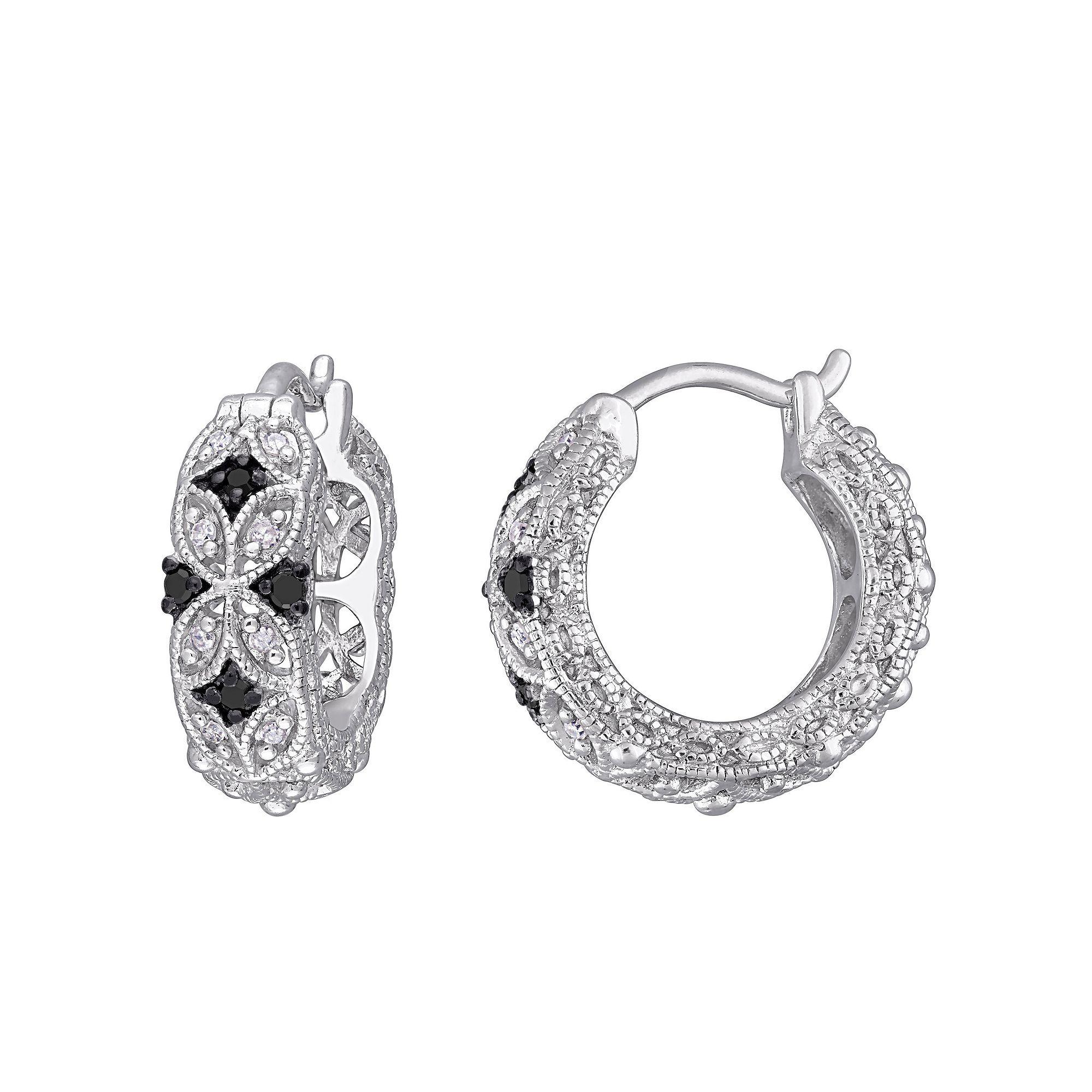 Stella Grace Sterling Silver 1/6 Carat T.W. Black & White Diamond Vintage Hoop Earrings, Women's Product Image