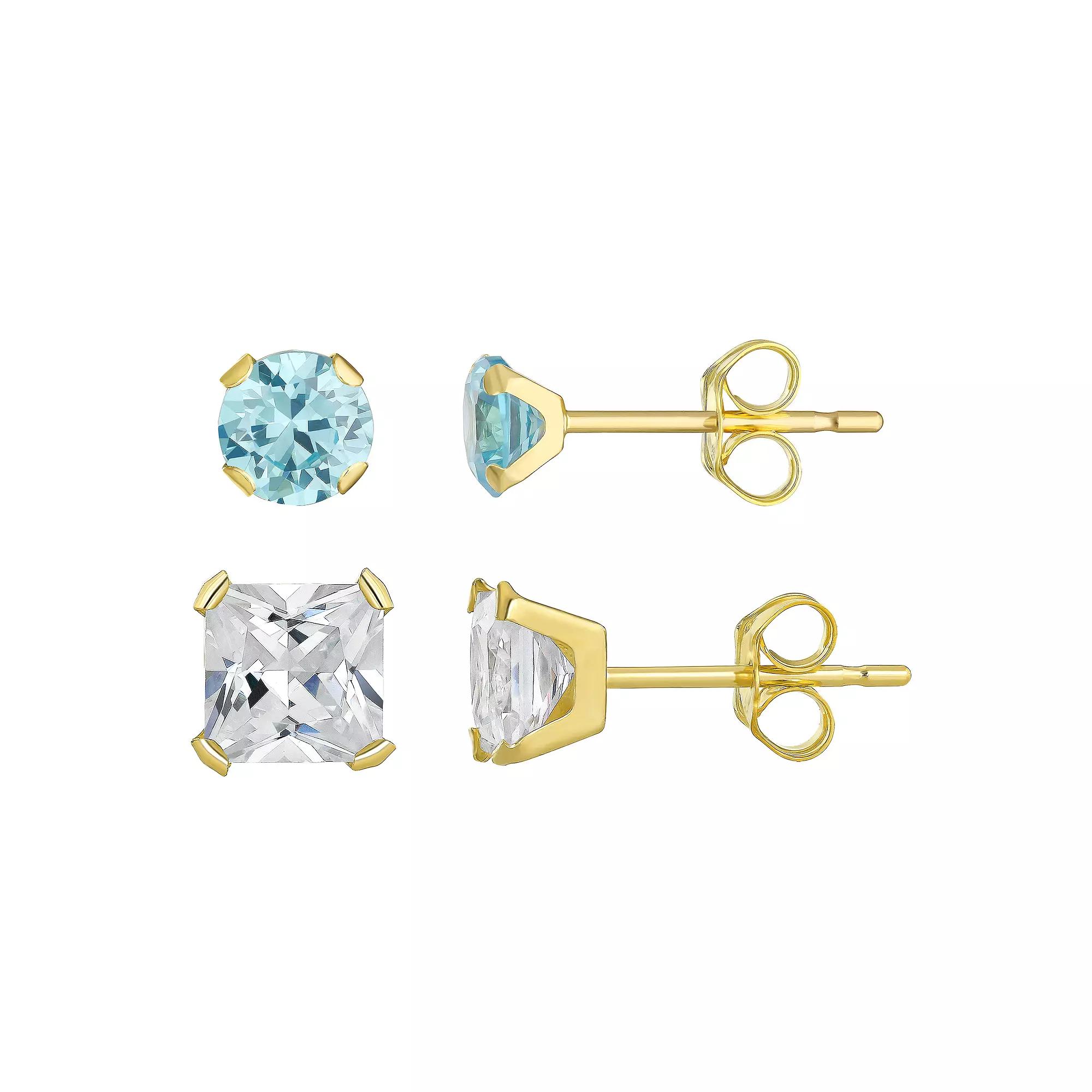 Taylor Grace 10k Gold 4 mm White & Blue Cubic Zirconia Stud Earring Set, Women's Product Image