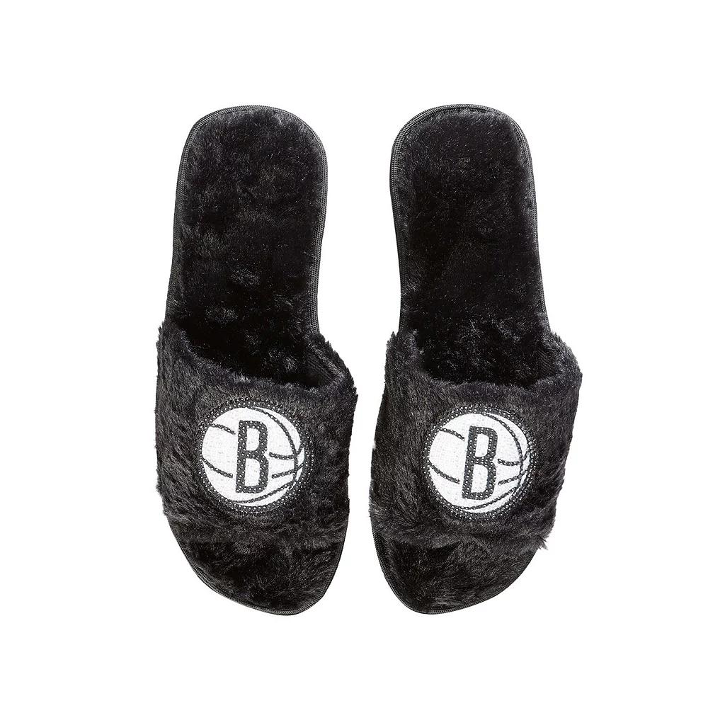 Women's FOCO Black Brooklyn Nets Rhinestone Fuzzy Slippers,  Product Image