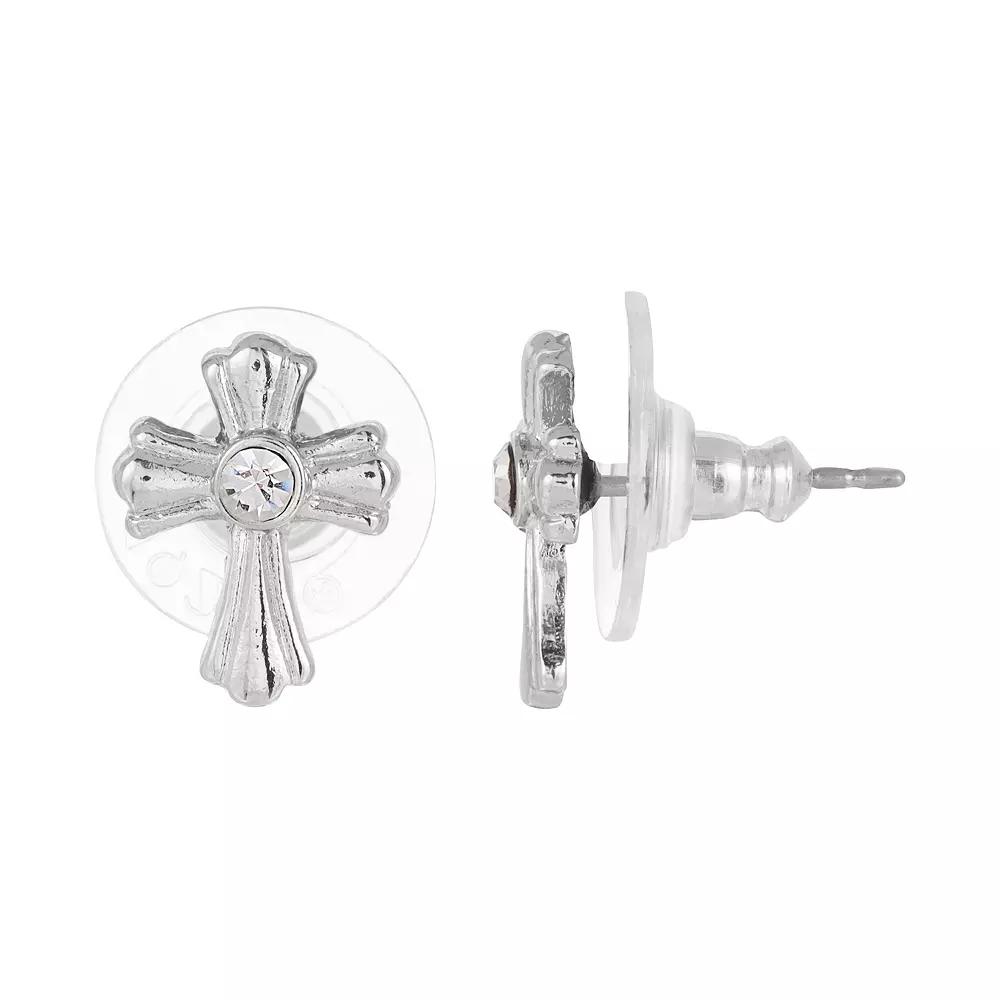Symbols of Faith Silver-Tone Crystal Cross Stud Earrings, Womens, Silver Tone Product Image