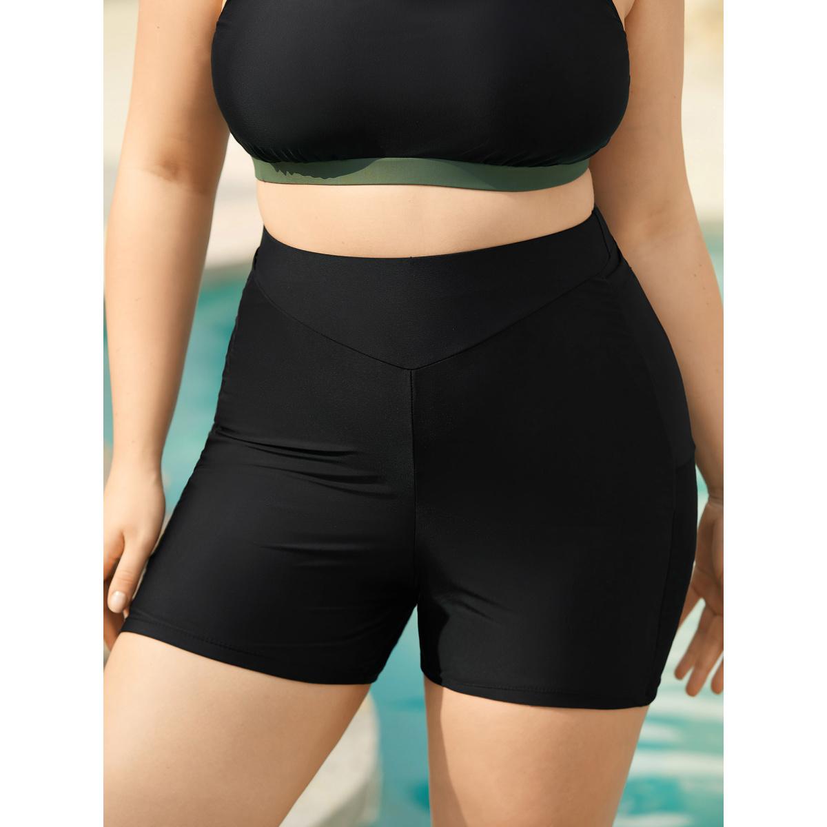 Plus Size High-Waisted Ruched Pocket Swim Bottoms Women's Swimwear Black Resort Gathered High stretch Skinny High Rise Side seam pocket Curve Swim Bottoms BloomChic 28/5X Product Image