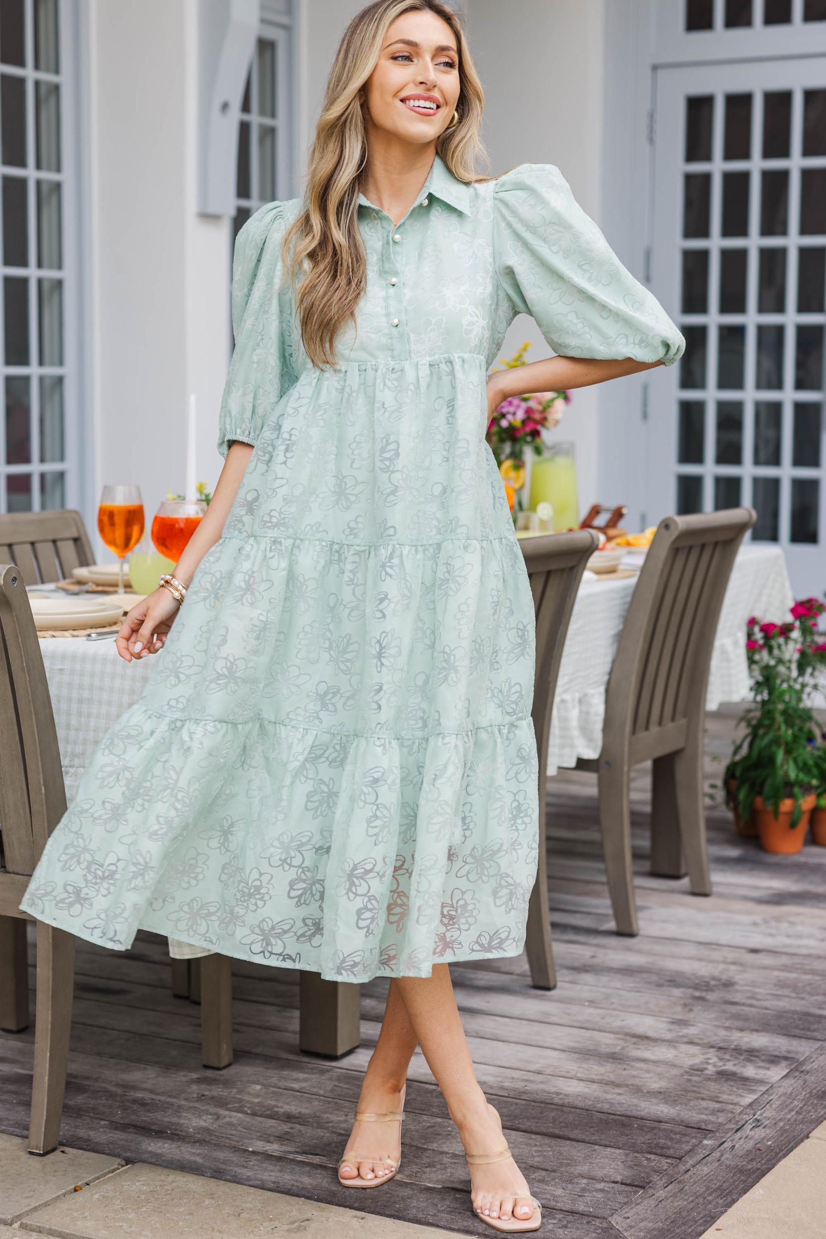 Love Found Sage Green Floral Tiered Midi Dress Female Product Image