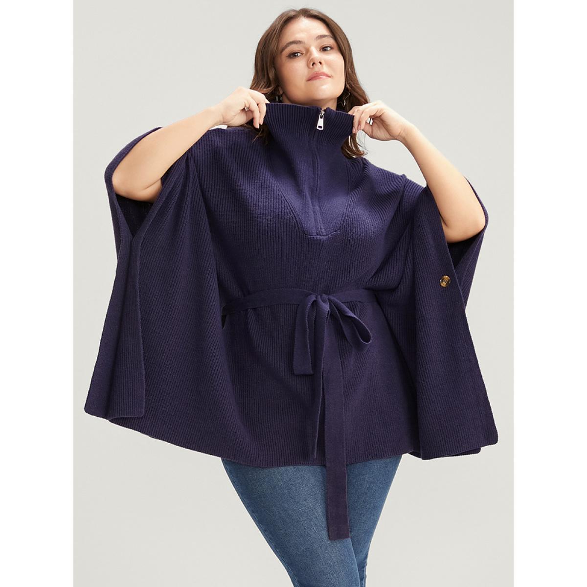 Plus Size Soft Pointelle Knit Dolman Sleeve Belted Zipper Knit Top Eggplant Women Casual Loose Cap Sleeve Mock Neck Dailywear Pullovers BloomChic 26/4X Product Image
