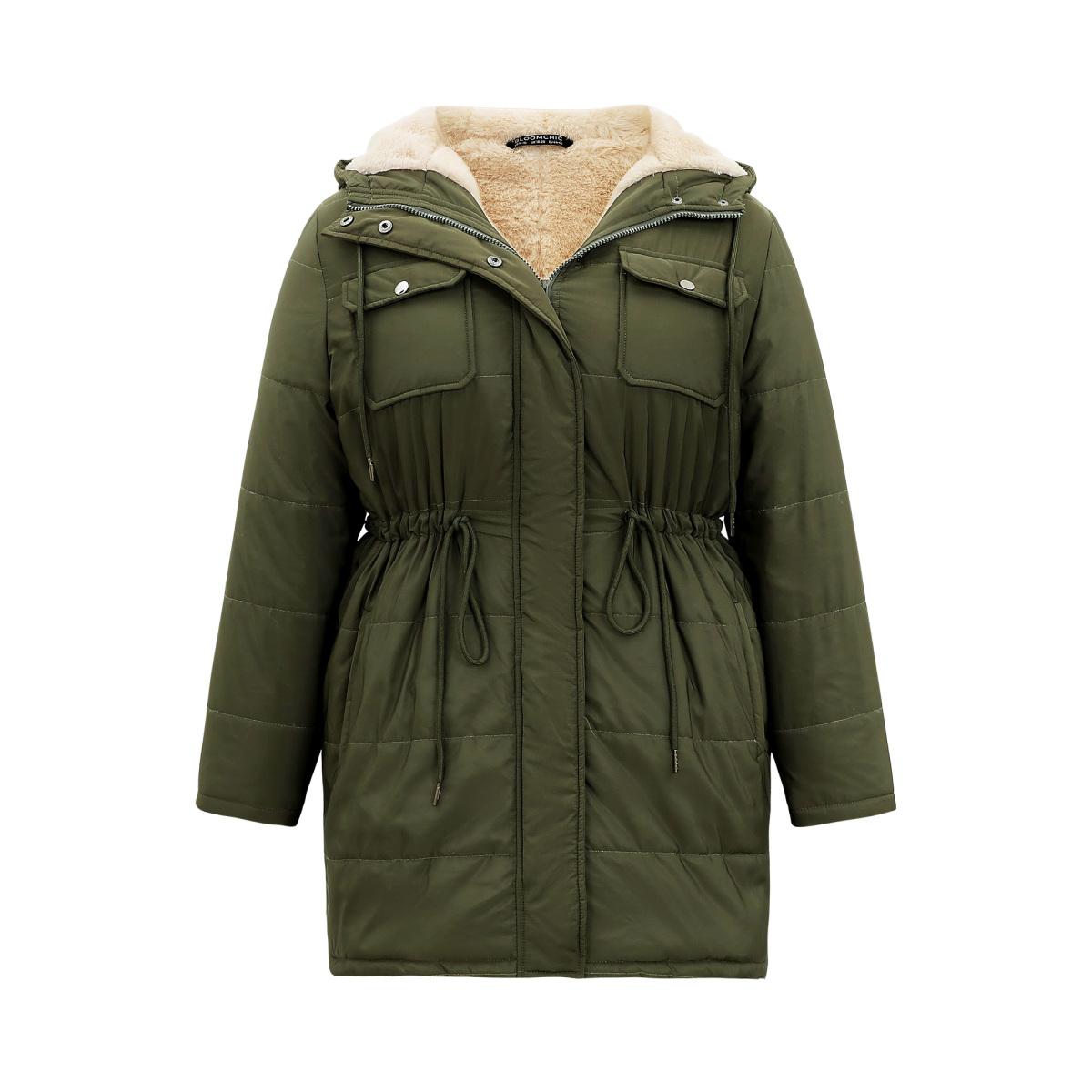 Plus Size Solid Drawstring Patchwork Fluffy Hooded Padded Coat Women ArmyGreen Casual Lined Ladies Dailywear Winter Coats BloomChic 10/M Product Image