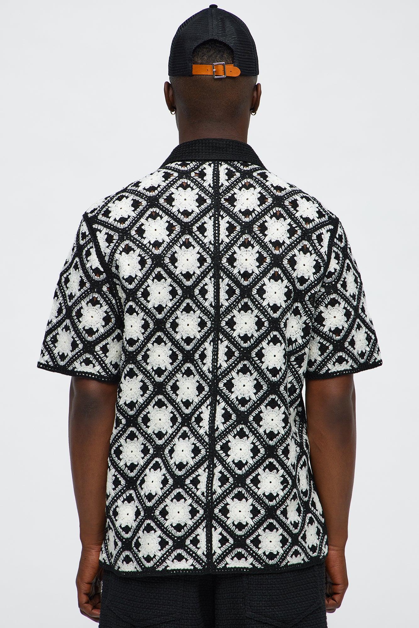 Crochet Starry Diamonds Closed Collar Shirt - Black/White Male Product Image