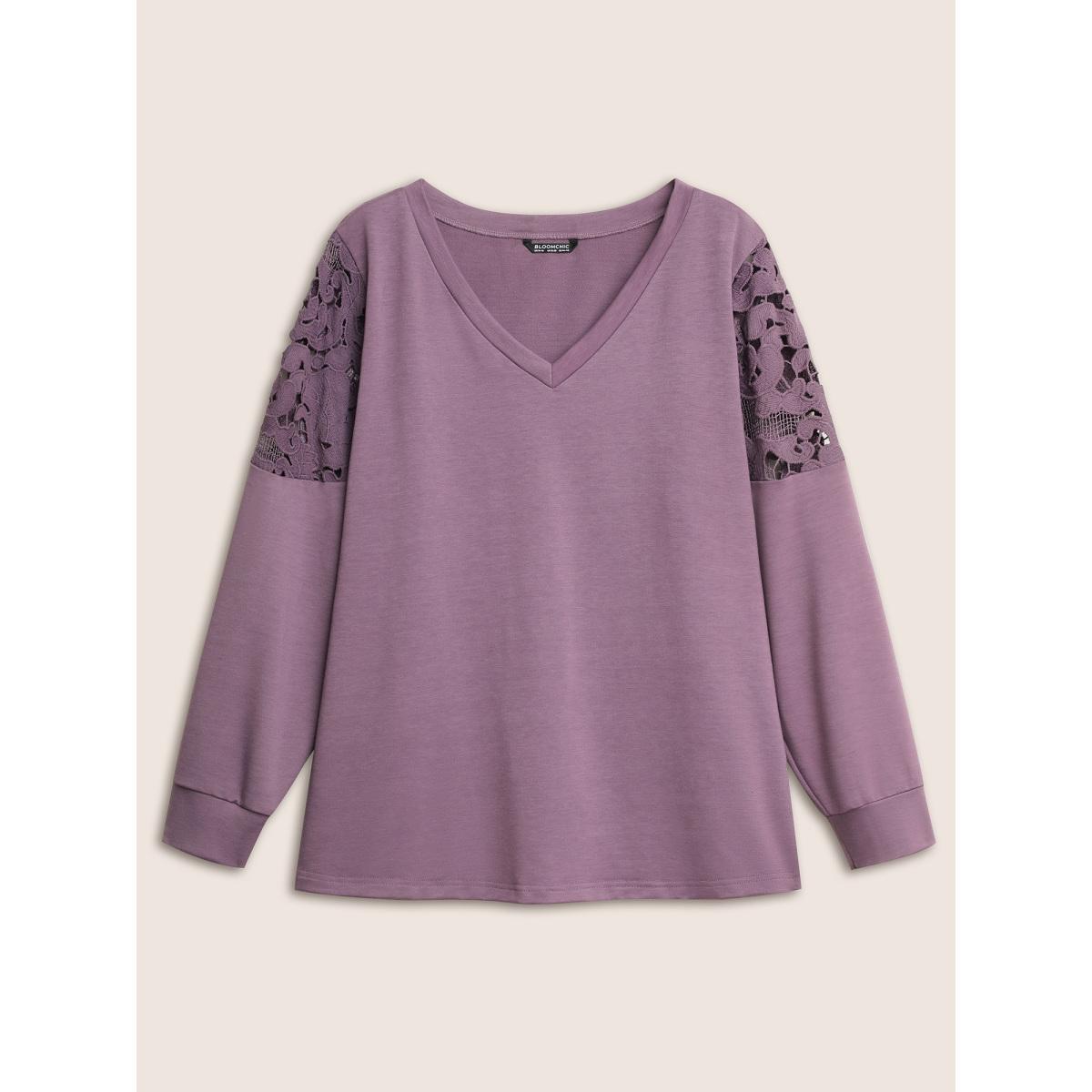 Plus Size Lace Patchwork Embroidered V Neck Sweatshirt Women Mauve Casual Cut-Out V-neck Everyday Sweatshirts BloomChic 26/4X Product Image