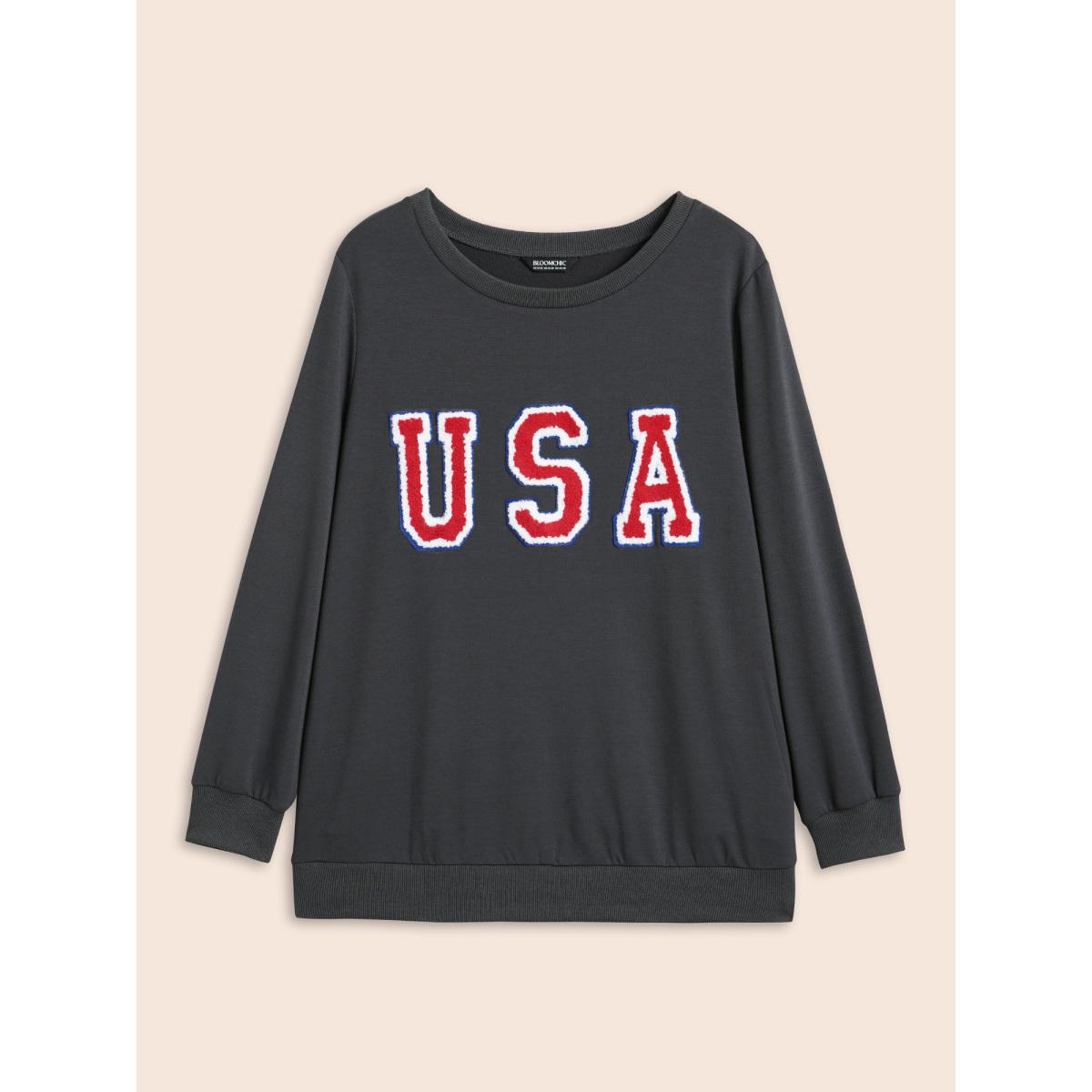 Plus Size USA Embroidered Patch Round Neck Sweatshirt Women DimGray Casual Contrast Loose Round Neck Everyday Sweatshirts BloomChic 22-24/3X Product Image