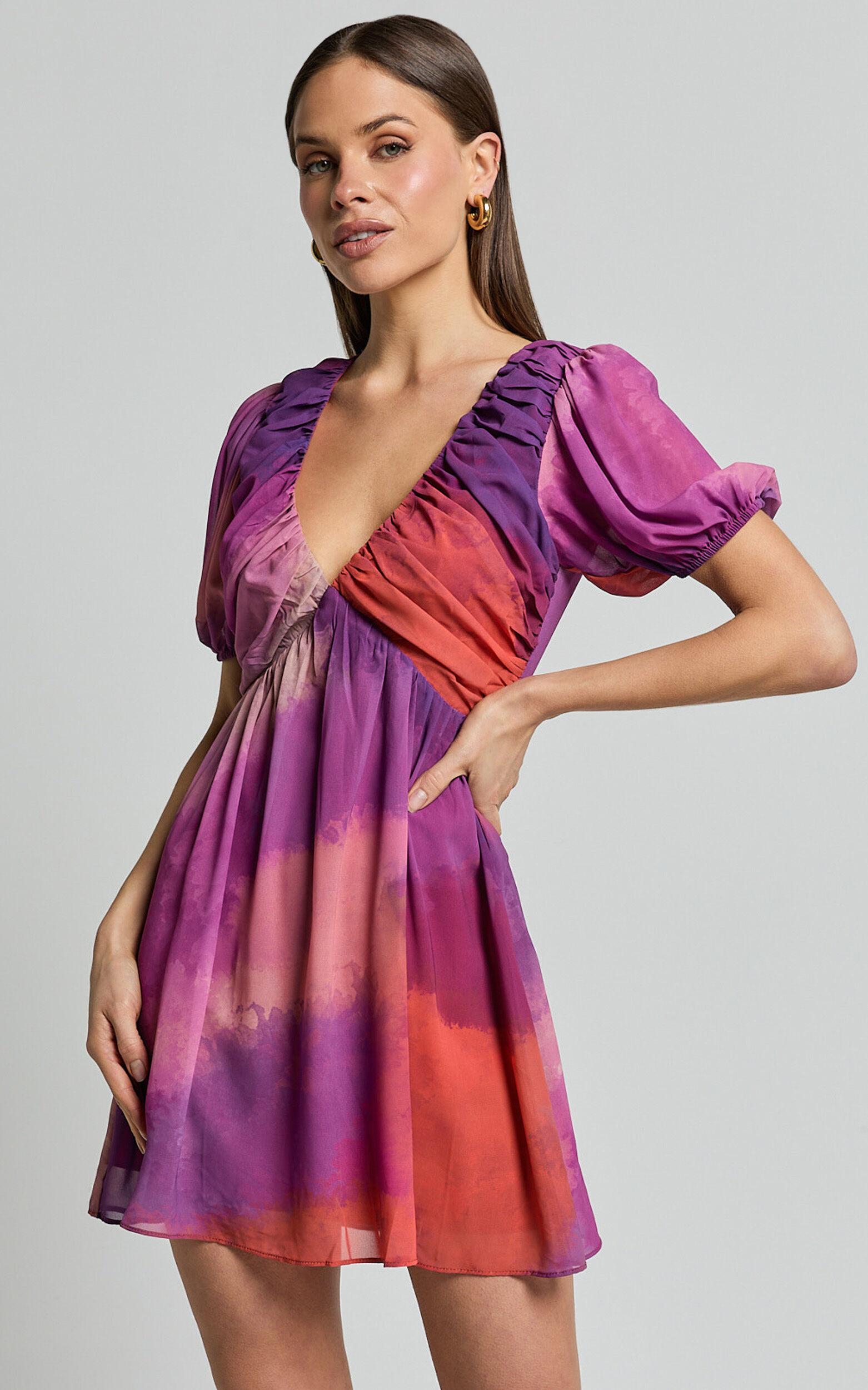 Kennedy Mini Dress - Recycled Polyester V Neck Puff Sleeve Dress in Coral Mirage Print Product Image