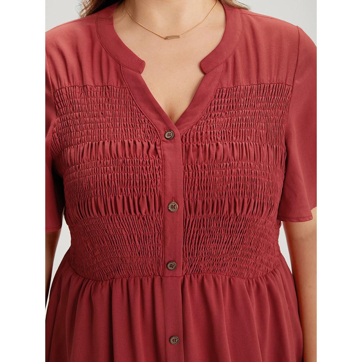Plus Size Plain Notched Shirred Button Through Ruffle Sleeve Dress Rust Women Elegant Plain Notched collar Short sleeve Curvy Midi Dress BloomChic 10/M Product Image