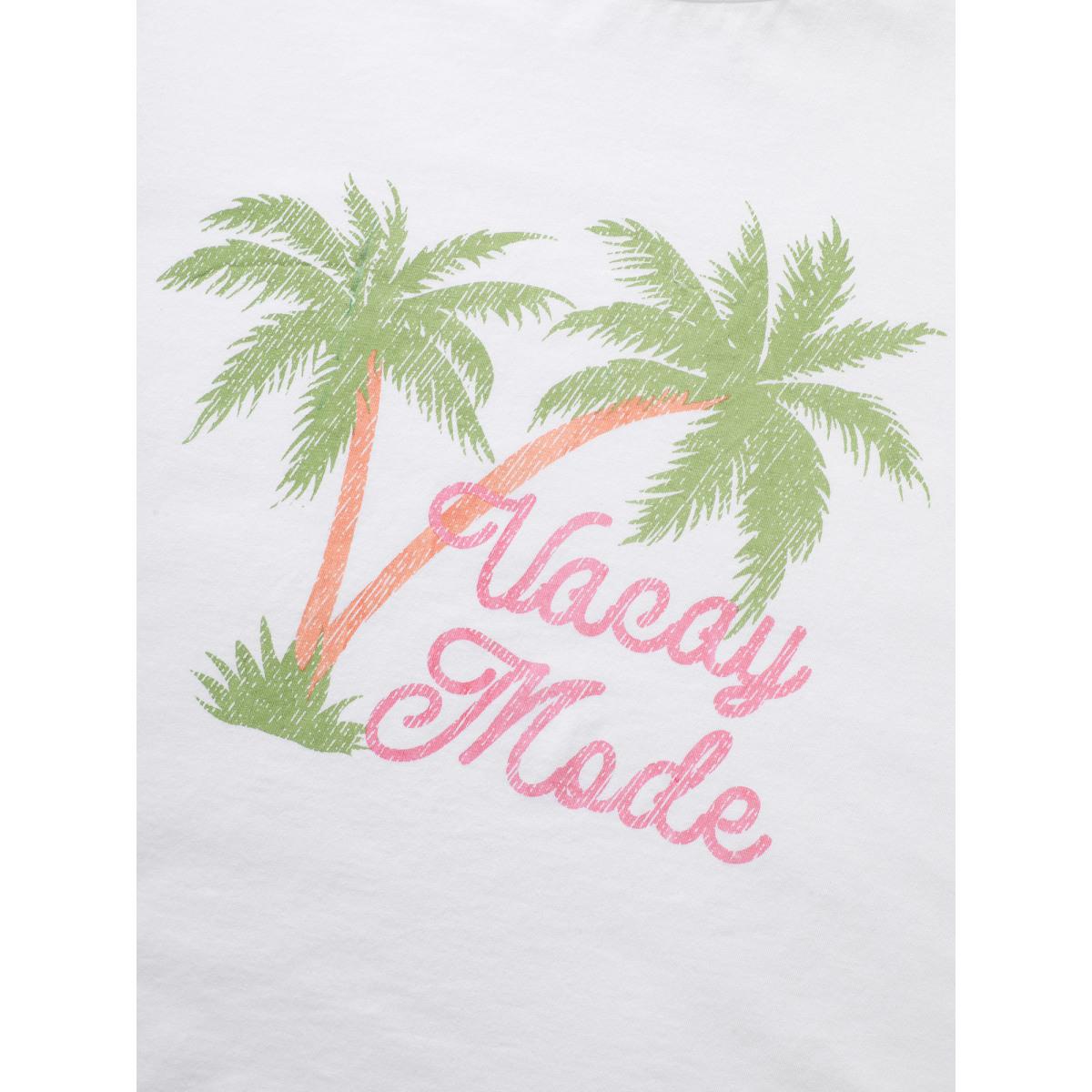Plus Size Cotton Vacation Tropical Print Round Neck T-shirt Originalwhite Women Resort Contrast Tropical Round Neck Vacation T-shirts BloomChic 12/L Product Image