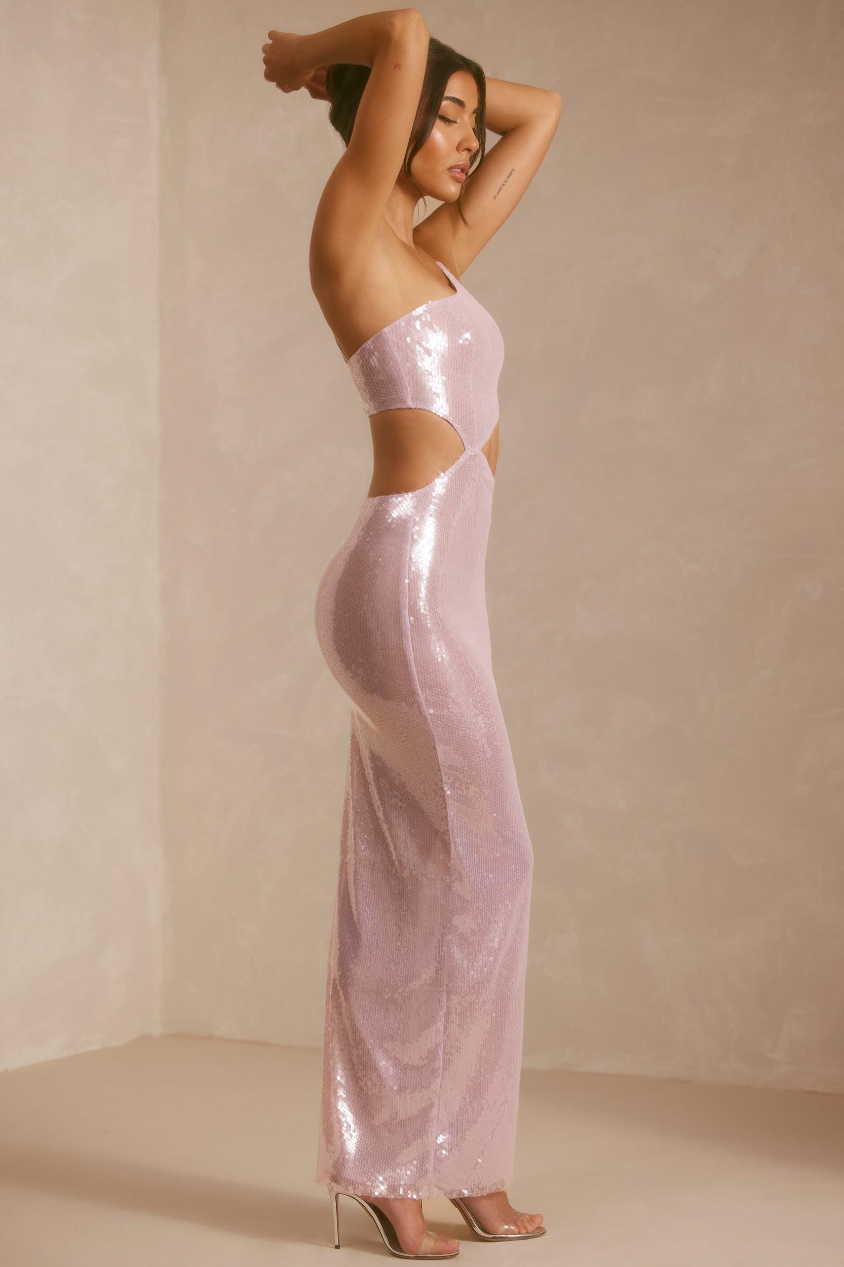 Sheer Sequin One Shoulder Cut Out Maxi Dress in Lilac Product Image