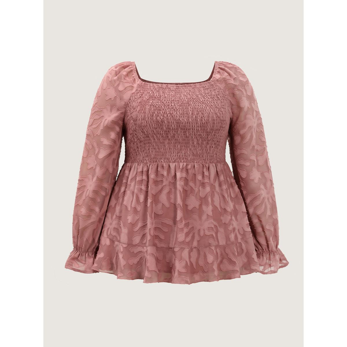 Plus Size Crepe Textured Shirred Bodice Ruffled Cuff Blouse Women Timeless Long Sleeve Square Neck Elegant Blouses BloomChic 14-16/1X Product Image