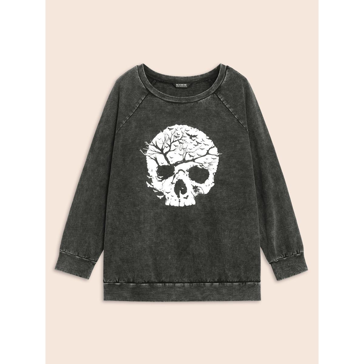 Plus Size Retro Wash Cotton Sweatshirt Women Black Leisure Non Round Neck Casual Sweatshirts BloomChic 28/5X Product Image