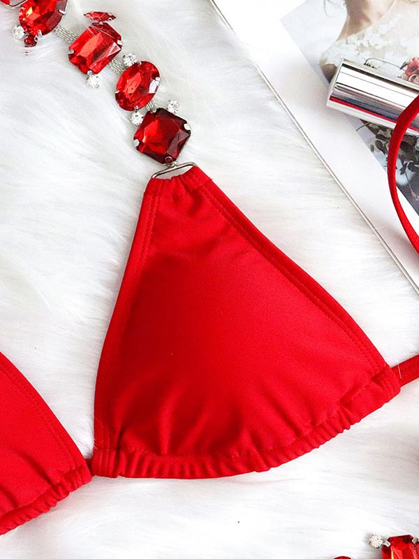 Red Gem Halter Tie Back Triangle Bikinis Product Image
