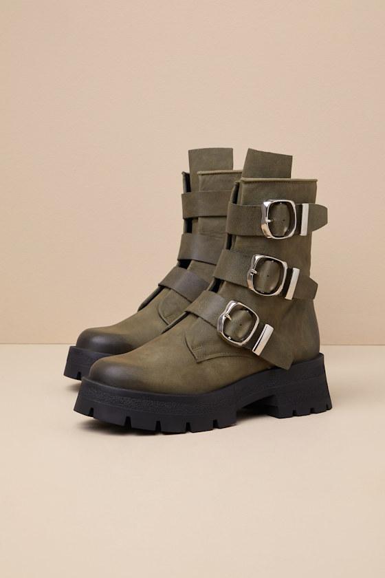 Roland Olive Leather Buckle Moto Ankle Boots Product Image