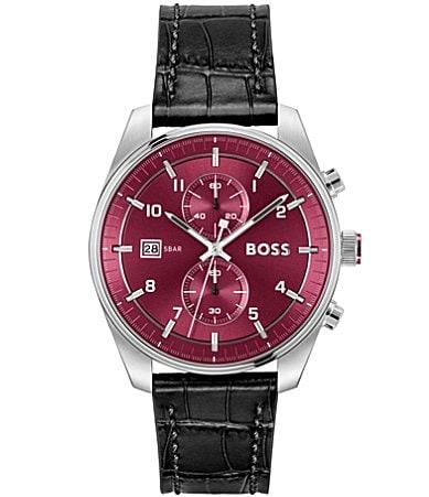 Hugo Boss Mens Skytraveller Quartz Chronograph Burgundy Dial Black Leather Strap Watch Product Image