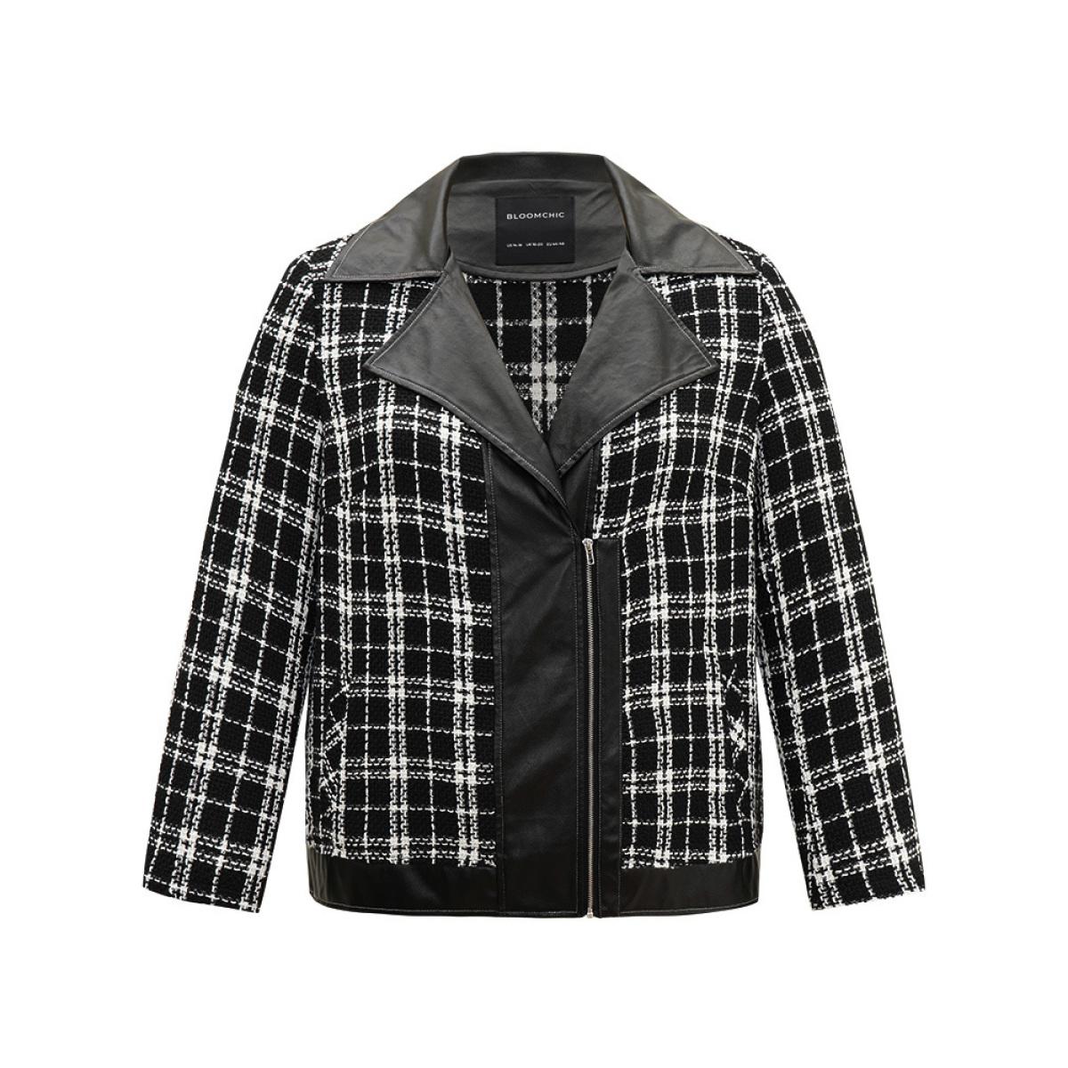 Plus Size Plaid PU Patchwork Zipper Fly Jacket Women Black Contrast Dailywear Jackets BloomChic 18-20/2X Product Image