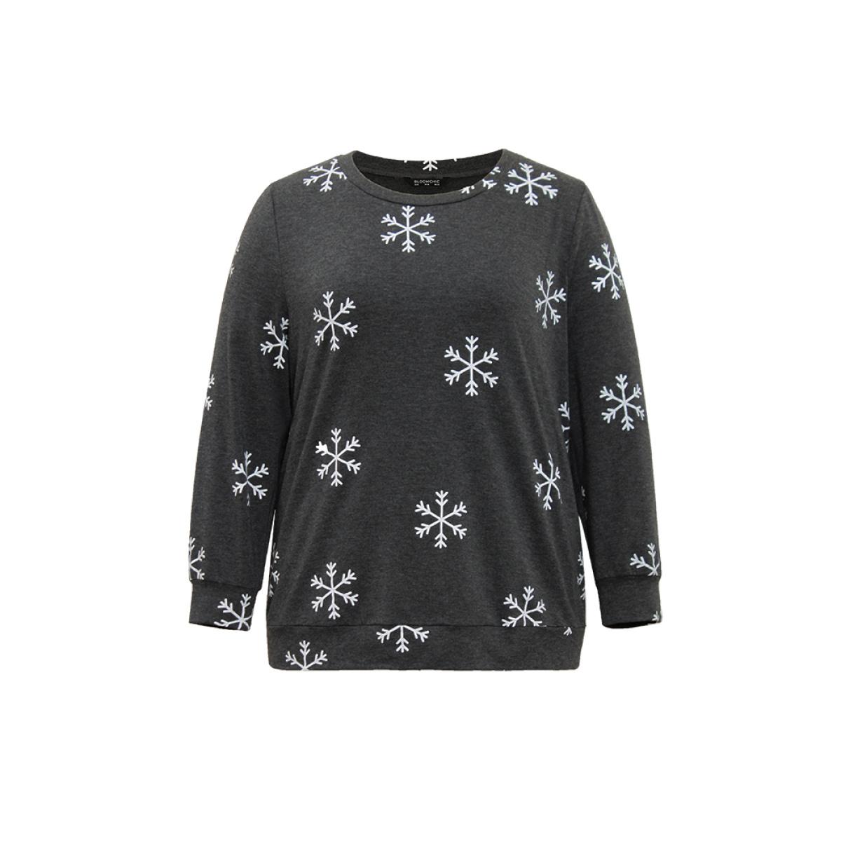 Plus Size Snowflake Print Round Neck Sweatshirt Women DimGray Casual Contrast Round Neck Festival-Christmas Sweatshirts BloomChic 28/5X Product Image