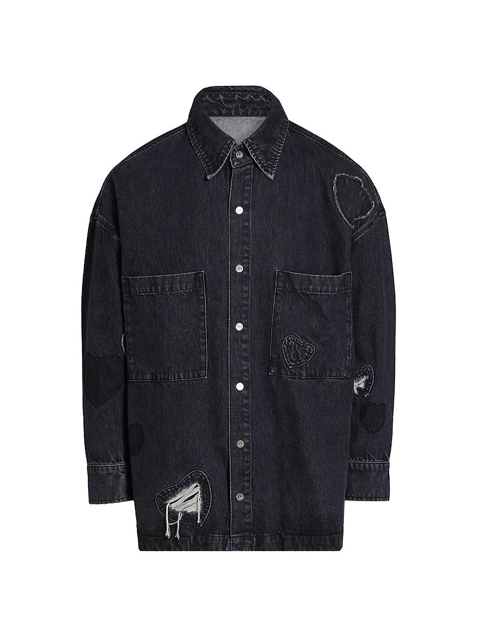 Mens Heart Patchwork Long-Sleeve Denim Shirt Product Image