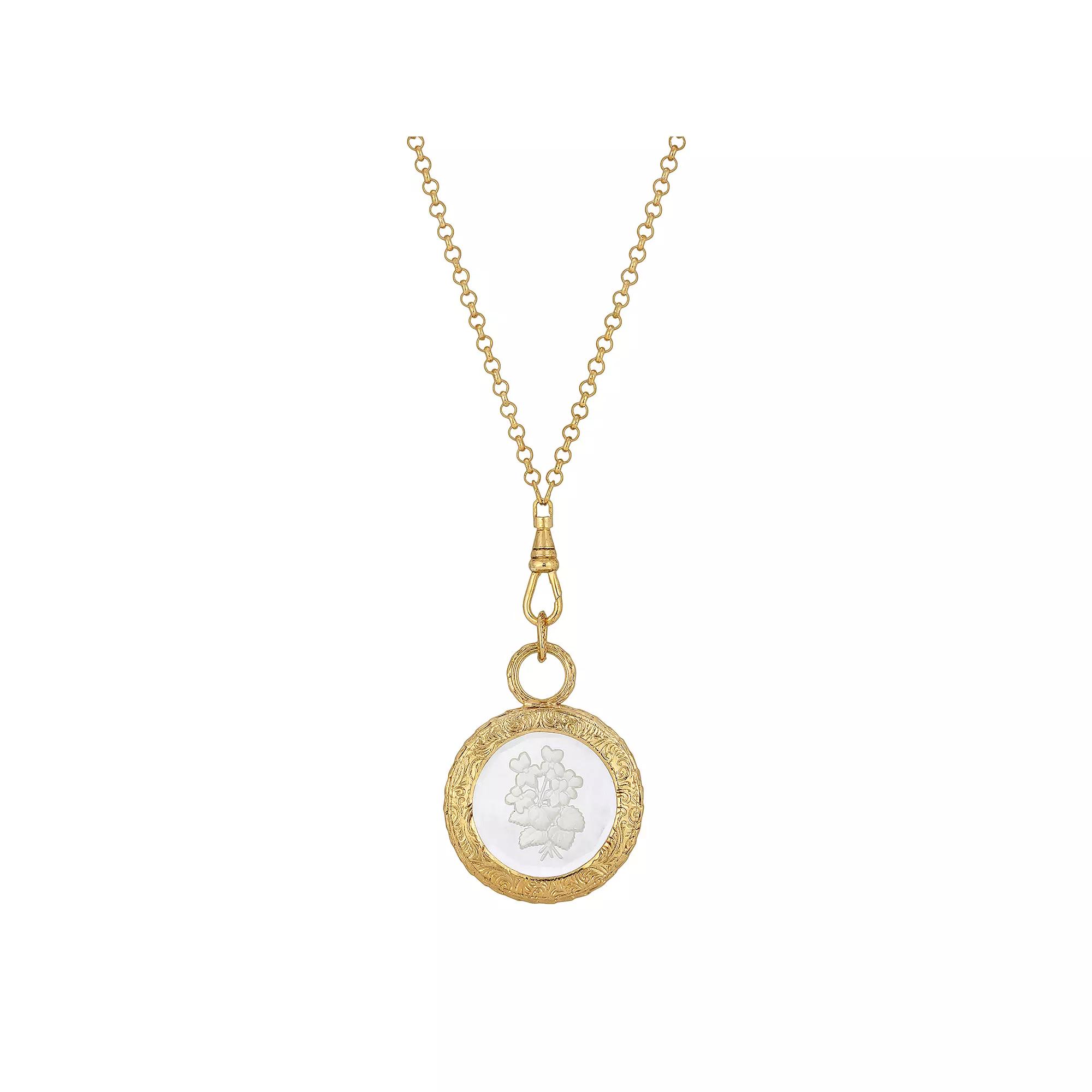 1928 Gold Tone White Intaglio Floral Medallion Necklace, Womens Product Image