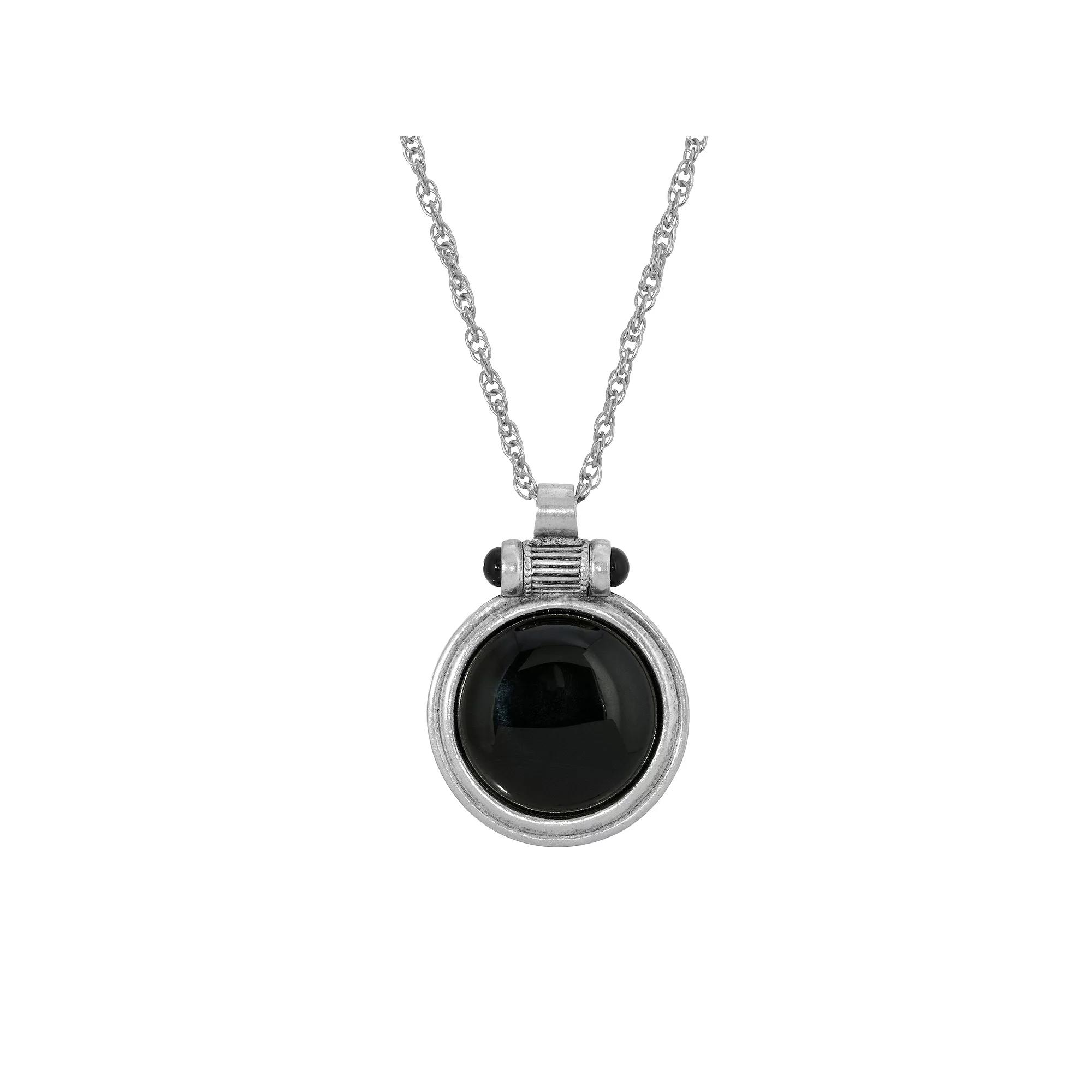 1928 Silver Tone Round Stone Pendant Pendant Necklace, Womens Black Product Image