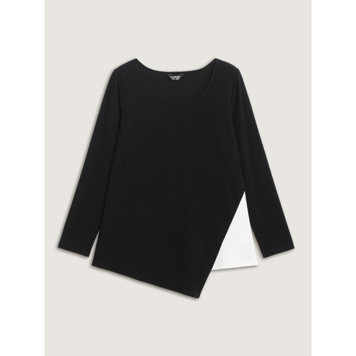 Plus Size Textured Stretchy Split Hem T-Shirt Black Women Leisure Texture Boat Neck Casual T-shirts BloomChic 18-20/2X Product Image