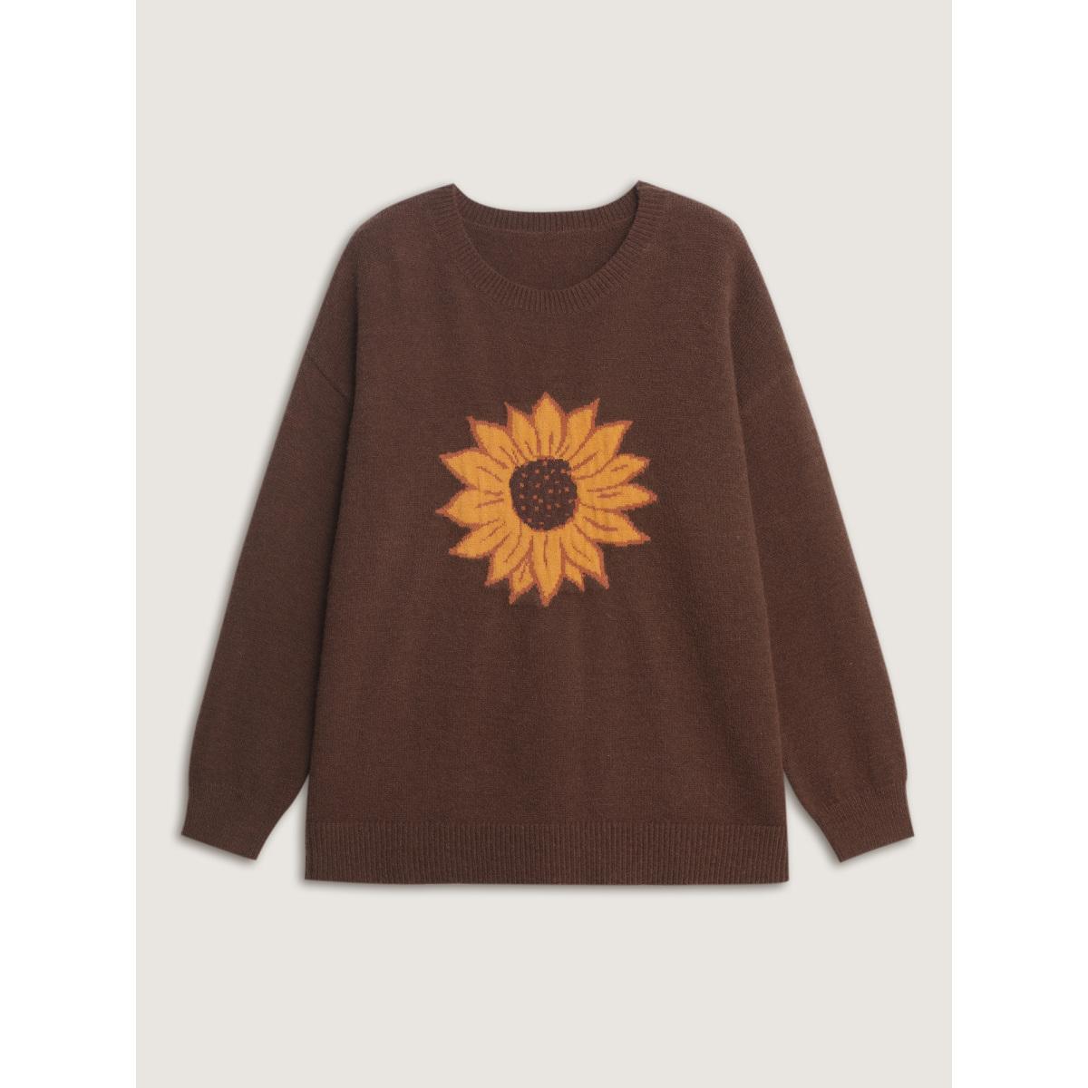 Plus Size Supersoft Sunflower Pattern Round Neck Pullover Browncoffeecolor Women Playful Loose Long Sleeve Round Neck Casual Pullovers BloomChic 10/M Product Image