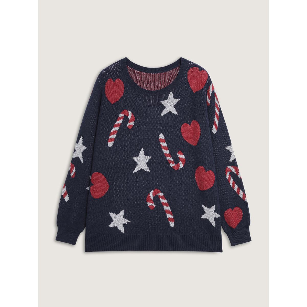 Plus Size Holiday Candy Jacquard Pattern Pullover Indigo Women Playful Loose Long Sleeve Round Neck Casual Pullovers BloomChic 10/M Product Image