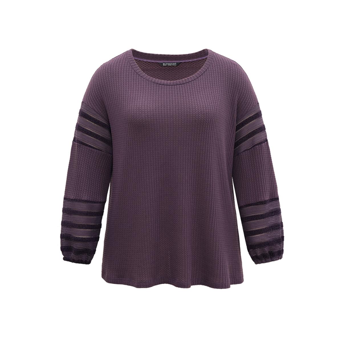 Plus Size Plain Texture Patchwork Hollow Out T-shirt Mauve Women Casual Elastic cuffs Plain Round Neck Dailywear T-shirts BloomChic 28/5X Product Image