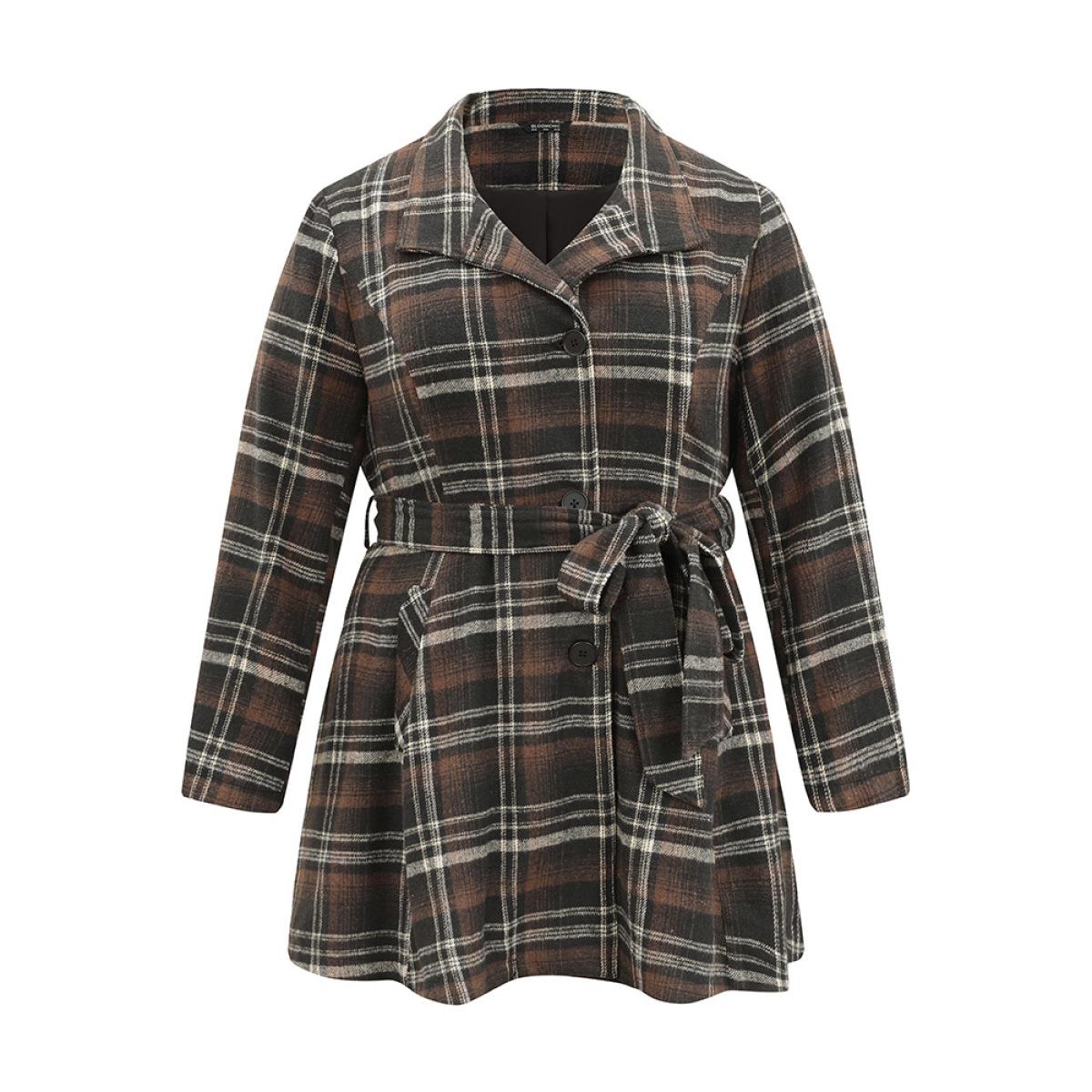 Plus Size Lapel Collar Plaid Button Through Belted Coat Women DarkBrown Elegant Lined Ladies Dailywear Winter Coats BloomChic 12/L Product Image