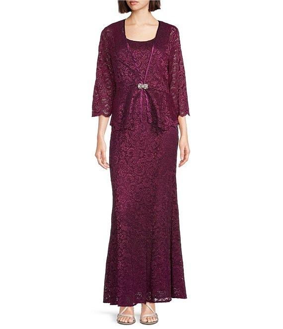 R & M Richards Petite Size Scallop Lace Charmeuse Metallic Mermaid Jacket Dress Product Image