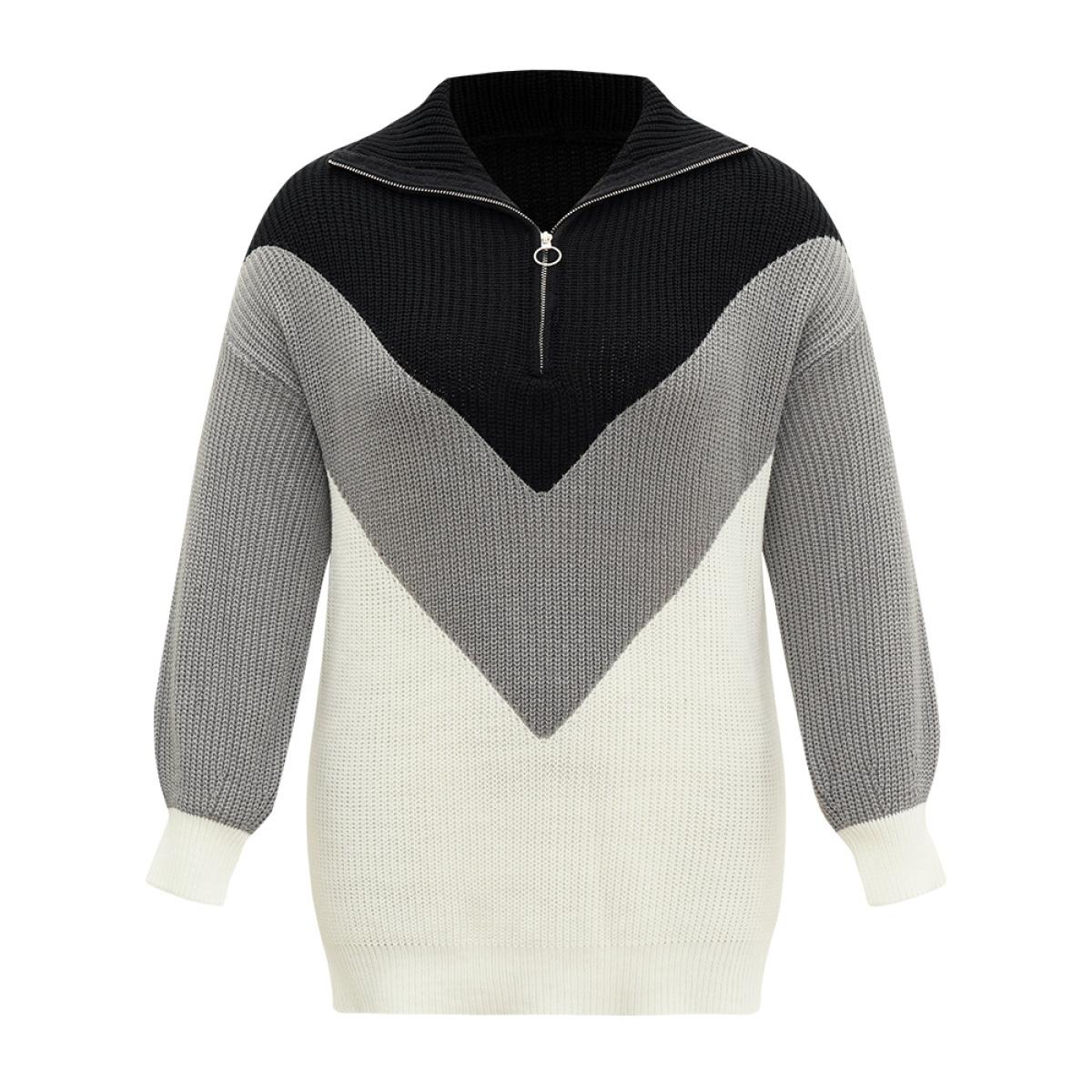Plus Size Colorblock Patchwork Zipper Lapel Collar Pullover Multicolor Women Casual Long Sleeve Lapel Collar Everyday Pullovers BloomChic 30/6X Product Image