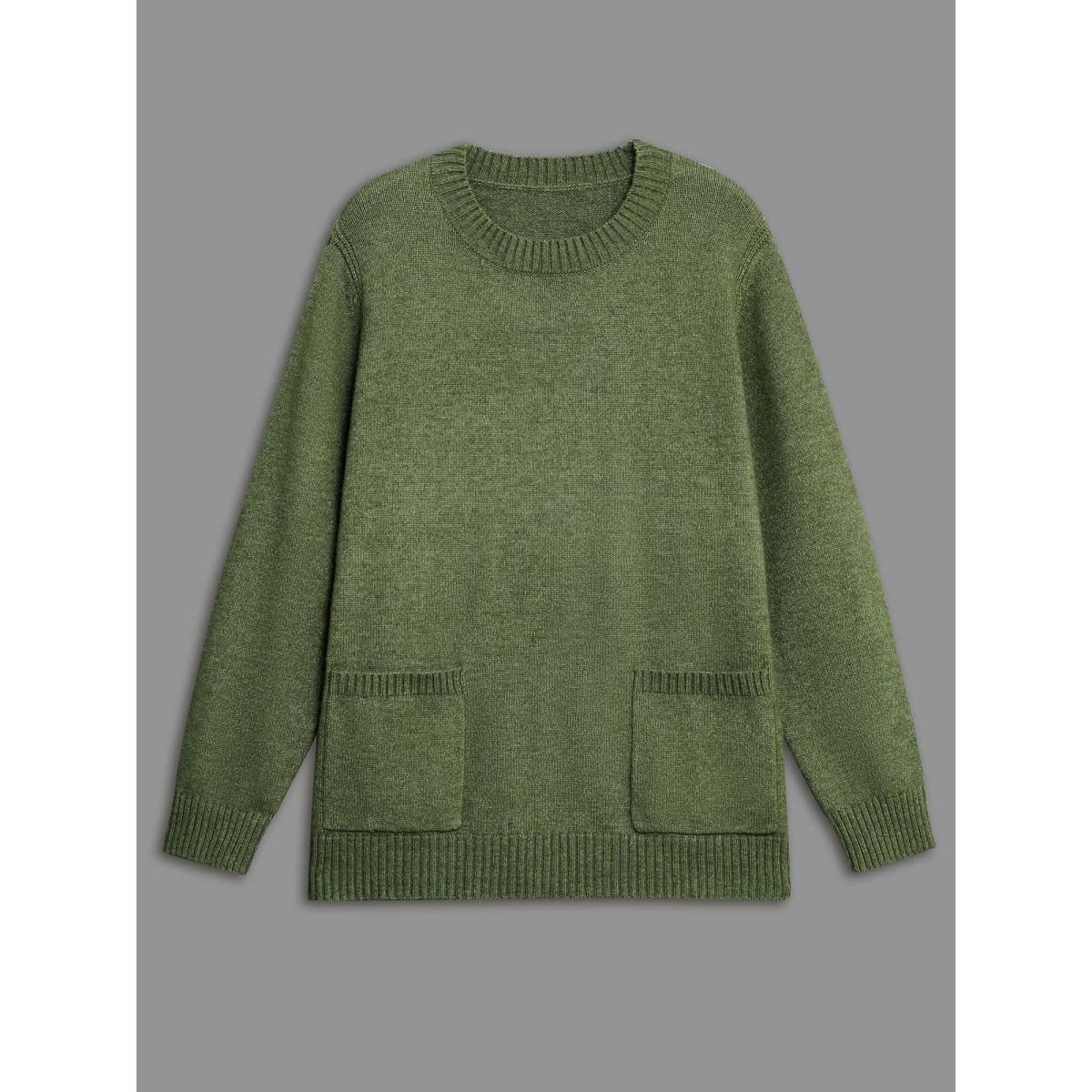 Plus Size Plain Round Neck Patched Pocket Pullover Moss Women Casual Loose Long Sleeve Round Neck Everyday Pullovers BloomChic 10/M Product Image